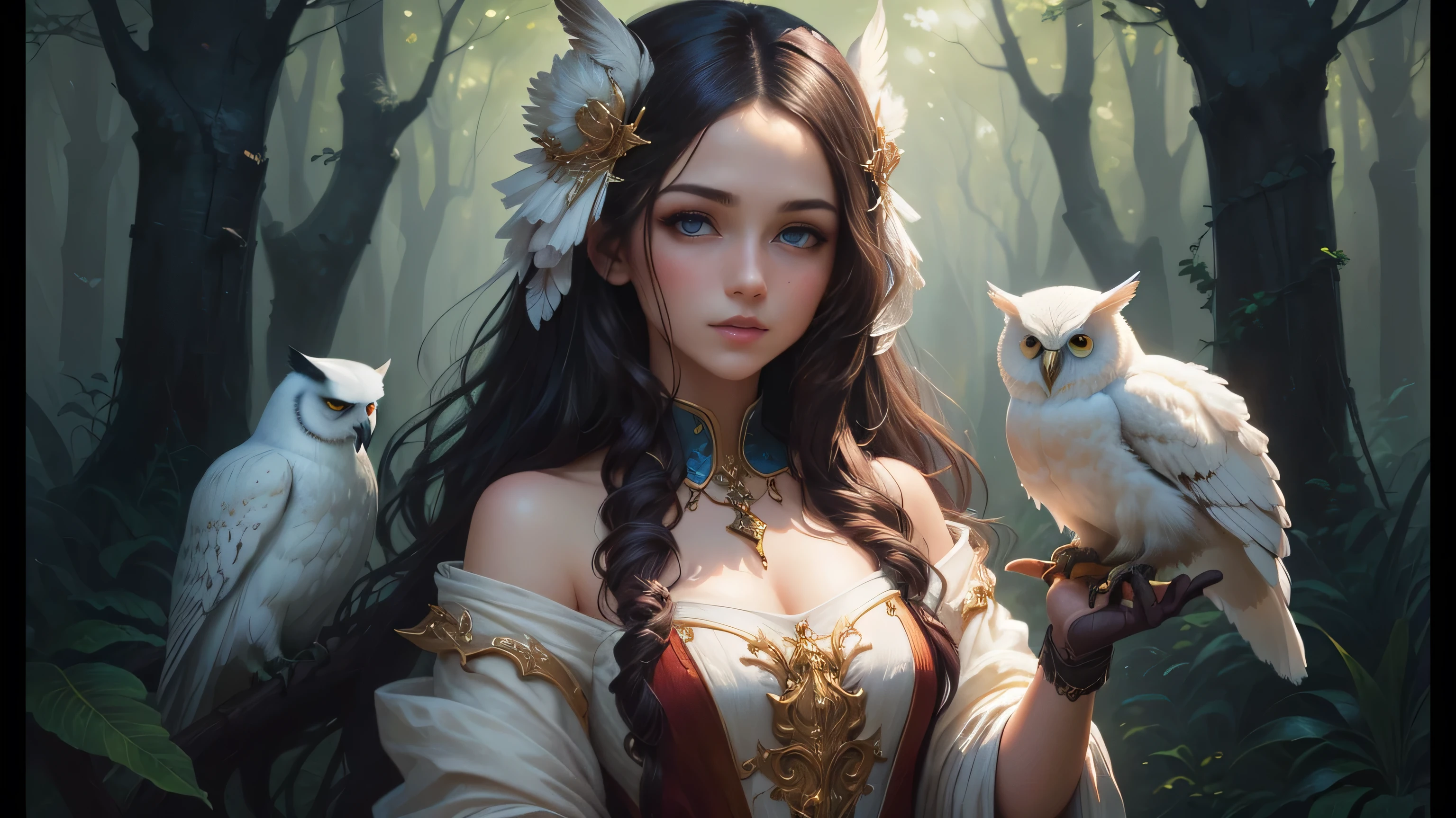 A painting of a girl holding a white owl in the woods, beautiful Fantasy art, beautiful Fantasy art portrait, Beautiful digital artwork, very beautiful Fantasy art, very Beautiful digital art, Inspired by WLOP, Fantasy art style, digital Fantasy art ), Uropa Art, Highly detailed digital art in 4K, Beautiful fantasy paintings, Fantasy art, Beautiful digital art, Fantasy art portrait, (masterpiece, Highest quality, Highest quality, Official Art, Beautiful and aesthetic:1.2)