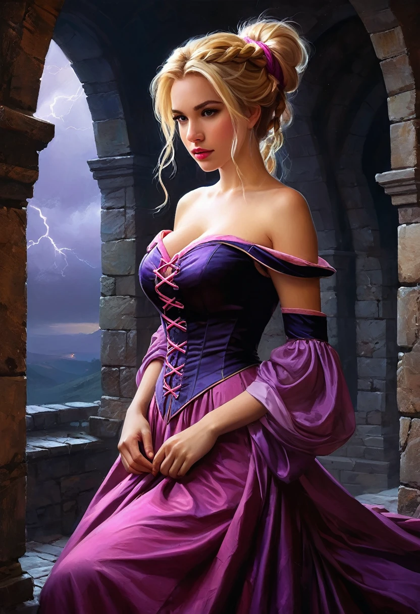 (masterpiece), cartoon, best quality,(photo_(medium):1.0), by Antonio J. Manzanedo, by Jeremy Lipking, lightning, in a surreal dark dungeon scenery, painting style with watercolor, Brushstrokes, colorful,vibrant colors,1 ultra hot gorgeous woman, large breast. ((ultra long (braided pig tail) blonde hair)). Sexy rapunzel from Disney tangled in sexy S pose. Black clouds Stormy weather. Pink and purple medieval off shoulder dress.