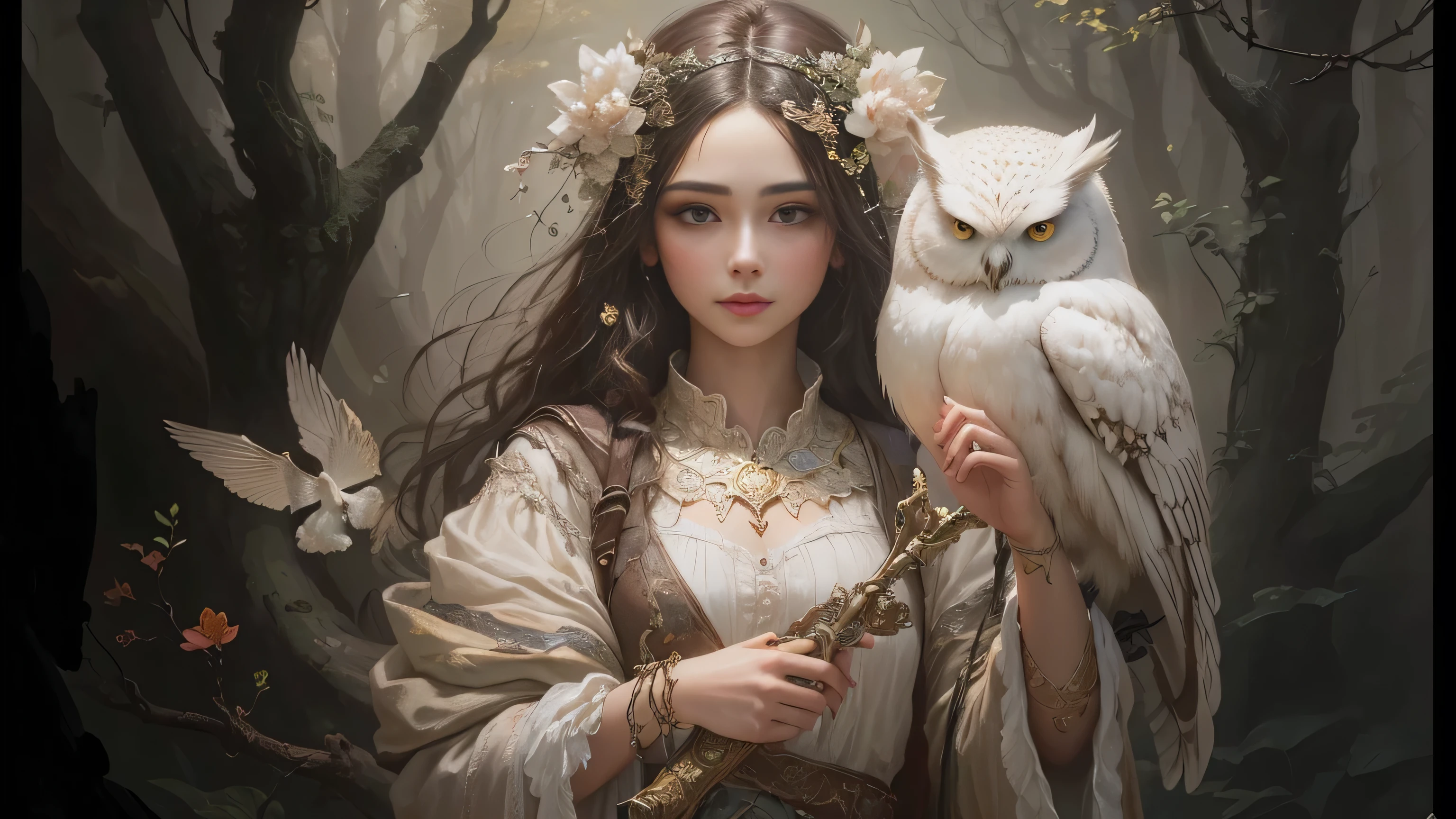 A painting of a girl holding a white owl in the woods, beautiful Fantasy art, beautiful Fantasy art portrait, Beautiful digital artwork, very beautiful Fantasy art, very Beautiful digital art, Inspired by WLOP, Fantasy art style, digital Fantasy art ), Uropa Art, Highly detailed digital art in 4K, Beautiful fantasy paintings, Fantasy art, Beautiful digital art, Fantasy art portrait, (masterpiece, Highest quality, Highest quality, Official Art, Beautiful and aesthetic:1.2)