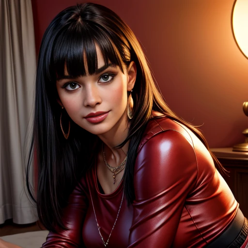 a beautiful young woman, 30 years old, long straight black hair with bangs, looking directly at the viewer, detailed and expressive eyes, shy smile, wearing jewelry including earrings, a necklace, and a bracelet, medium-sized breast, wearing a tight red t-shirt, a blue leather jacket, a mini skirt, and sheer white tights, dynamic angle, best quality, 4k, 8k, highres, masterpiece, ultra-detailed, realistic, photorealistic, photo-realistic, portrait, fashion, studio lighting, warm colors, soft lighting