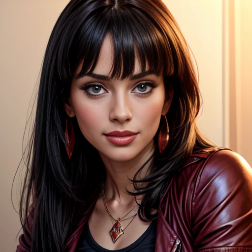 a beautiful young woman, 30 years old, long straight black hair with bangs, looking directly at the viewer, detailed and expressive eyes, shy smile, wearing jewelry including earrings, a necklace, and a bracelet, medium-sized breast, wearing a tight red t-shirt, a blue leather jacket, a mini skirt, and sheer white tights, dynamic angle, best quality, 4k, 8k, highres, masterpiece, ultra-detailed, realistic, photorealistic, photo-realistic, portrait, fashion, studio lighting, warm colors, soft lighting