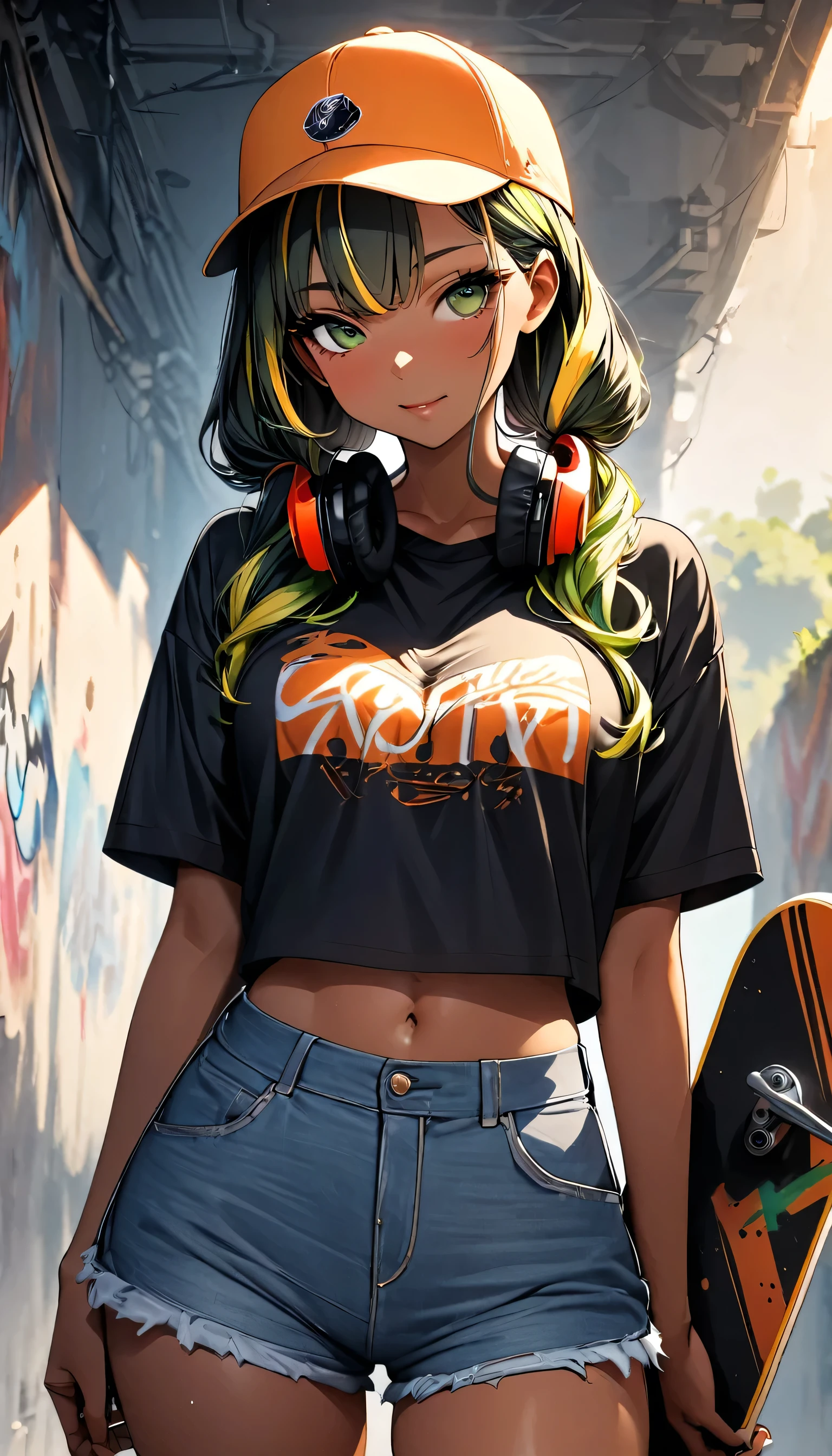 (highest quality:1.2, Very detailed, up to date, Vibrant, Ultra-high resolution, High Contrast, masterpiece:1.2, highest quality, Best aesthetics), Portraiture、solo, girl、(slim:1.3), (25-years-old), ((Skateboarder:1)), (orange baseball cap:1.5), (wearing headphones on neck), (holding a skateboard:1.7), (American olive t-shirts), crop top navel, jeans short pants, Bright colors、Beautiful fine details、Beautiful lip detail、long hair、low ponytail, white and yellow green ((streaked hair:1.6)), highlights hair: 1.5, (medium breast:0.9) , (tan skin:1), wall full of graffiti, ((cowboy shot:1.6))