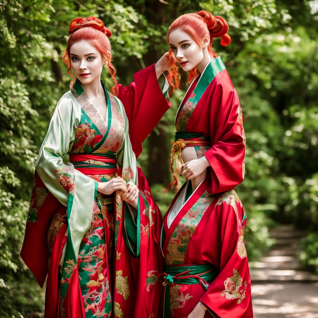 Make a beautiful young woman, pale skin, attractive appearance, young, half-dragon appearance, scales on her skin, red green hair, oriental clothes (kimono), monk clothes, red clothes.