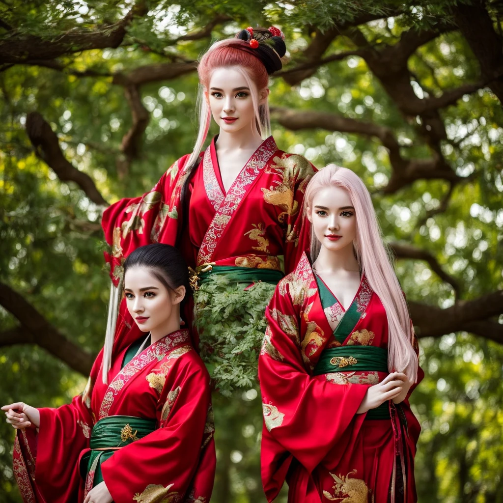 Make a beautiful young woman, pale skin, attractive appearance, young, half-dragon appearance, scales on her skin, red green hair, oriental clothes (kimono), monk clothes, red clothes.