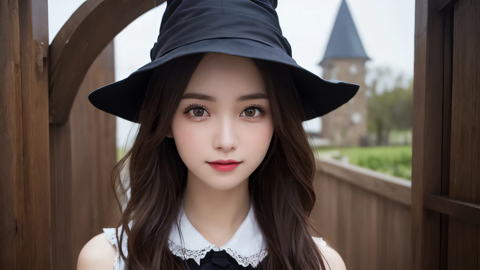 white background, half body portrait, one girl, (a beauty girl, delicate girl:1.3), (20 years old:1.3), break, (witch costume, Witch hat, Witch clothes), break, (gates of hell:1.2), break, very fine eyes, (symmetrical eyes:1.3), break, small breasts, brown eyes, parted bangs, brown hair, (smile), break, (eyes and faces with detailed:1.0), break, (masterpiece, best quality, ultra detailed, detailed face, 8k)