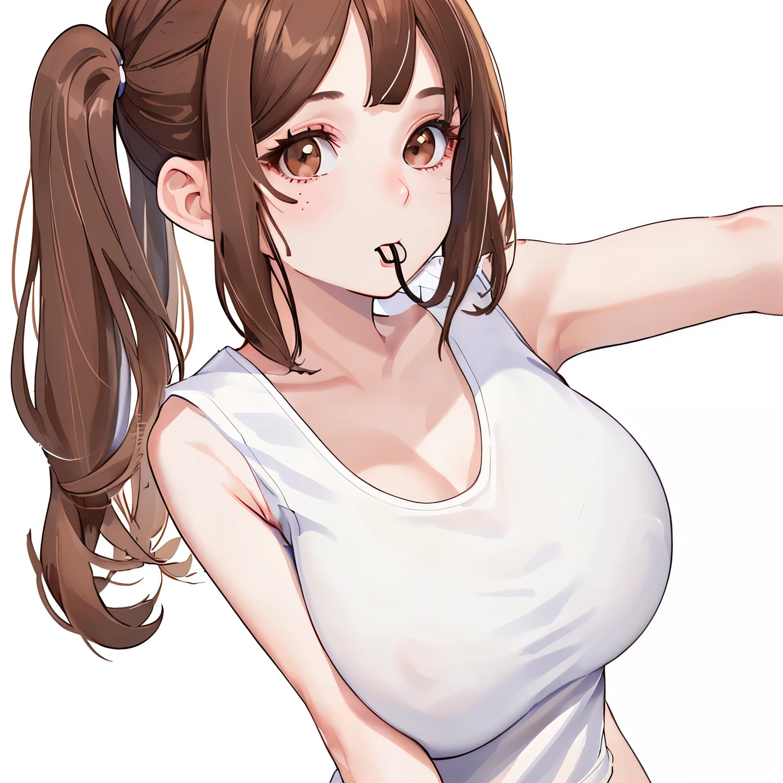 Top quality, Reality, 8K, HD, 1 girl, Miss, (Skin Indentation), (portrait: 0.6), Gorgeous, (White background: 1.82)), ((Large round breasts, Sleeveless white T-shirt: 1.75)), Look directly at the audience: 1.8, (1 girl Eyes, Medium Length Hair, Brown hair, partedbangs : 1.65), Reality, (Bokeh), (mouth close: 1.46), Gorgeous, Pure face_v1,