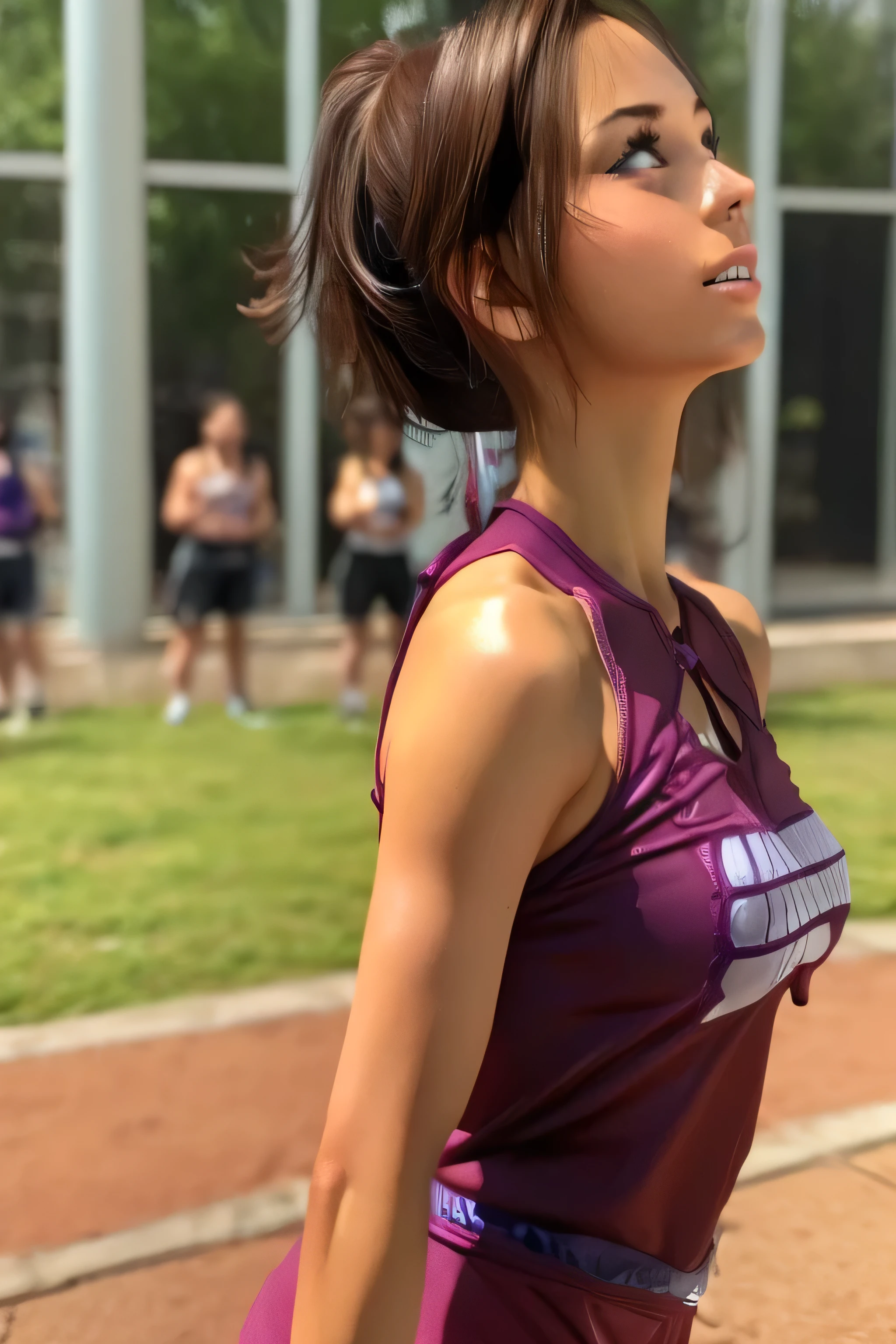 1 girl, standing, Christie Monteiro,18 years old, shorts, brownish hair, hair tied in a ponytail, medium breasts,purple bikini top,sweat,outfit, purple green arm warmers, purple green bands, arm warmers