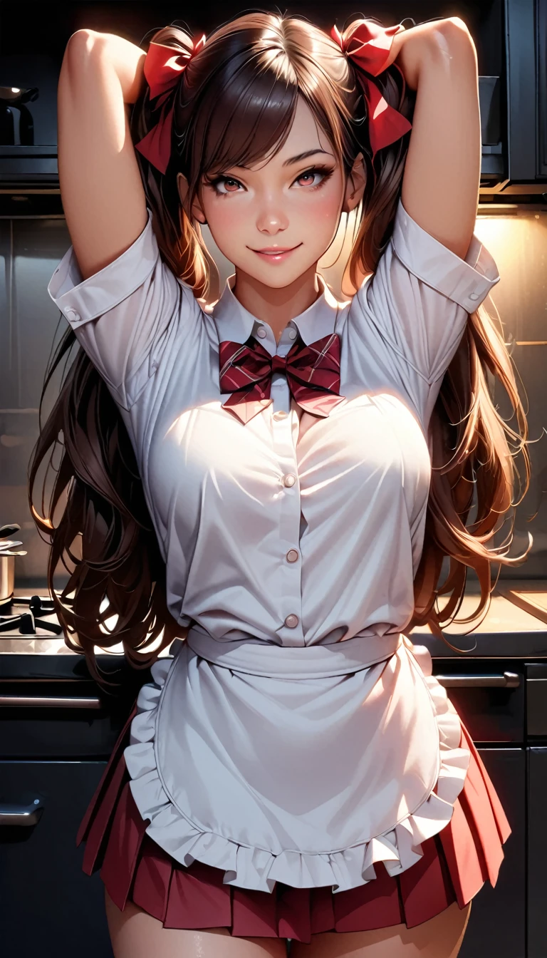 (masterpiece:1.2, Highest quality), (Realistic, photoRealistic:1.4), Beautiful illustrations, (Natural Side Lighting, Cinema Lighting), Browsing Caution, Looking at the audience, (Face Focus, Upper Body), 1 girl, Japanese, high school girl, Perfect Face, Symmetrical cute face, Glowing Skin, (Long Hair:1.5, Twin tails:1.4, Dark brown hair), Asymmetrical bangs, Dark red eyes, Shining Eyes, Big eyes, Droopy eyes, Long eyelashes, (Medium chest), thin, Dark red hair ribbon, Beautiful Hair, Beautiful Face, Fine and beautiful eyes, Beautiful clavicle, Beautiful body, Beautiful breasts, Beautiful thighs, Beautiful legs, Beautiful fingers, ((Pink ruffled apron, White collared shirt, Dark red pleated mini skirt), Dark red bow tie), (Beautiful views), evening, (kitchen), Are standing, Put your arms behind your head, (Cute Smile, Upper Eye),