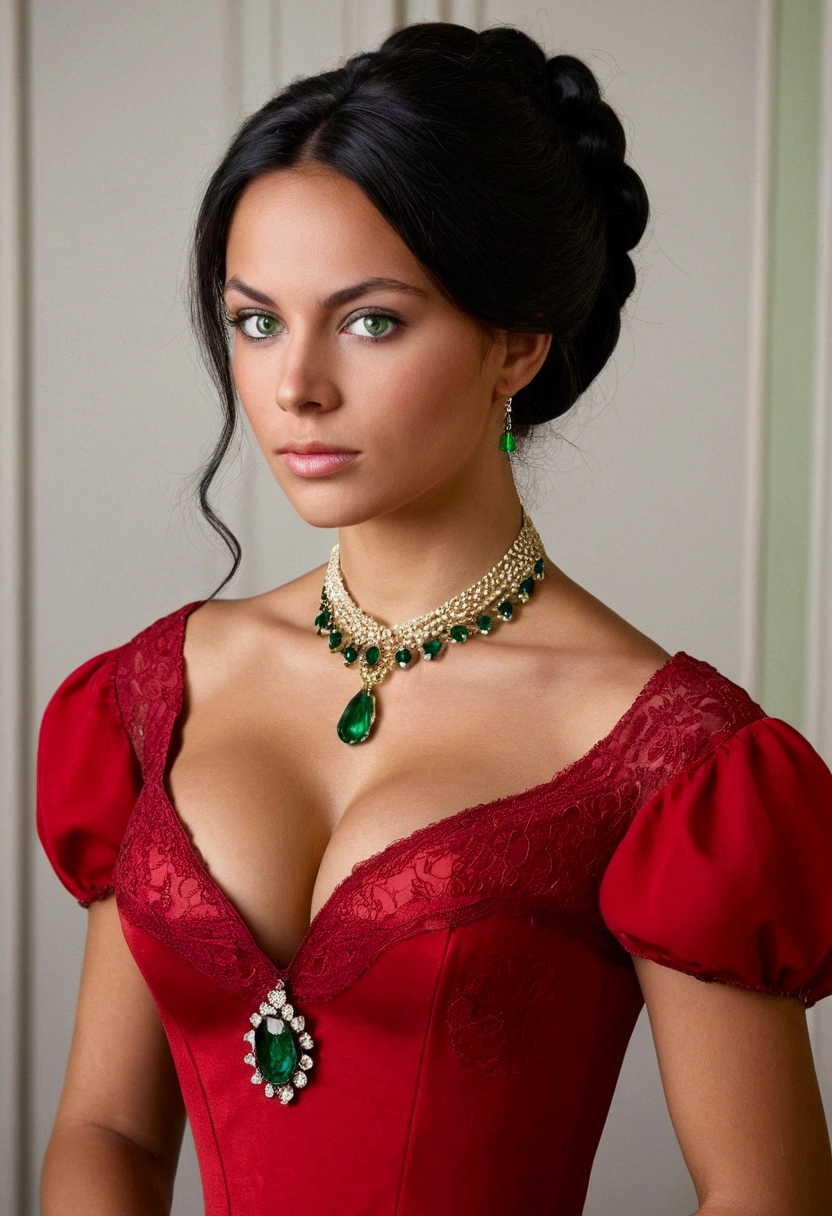 Beautiful 23 year old Victorian tan skinned woman with perfect body and big breasts, of Apache and English descent with features of Irina Mendez with green eyes and black hair, long and straight hairstyle of the period along with a perfect red dress from the time of the year 1847 Victorian era extremely beautiful and delicate that highlights her breasts and a small waist. I remember the Victorian era. And behind her a handsome and manly 30-year-old prince of Monaco. 