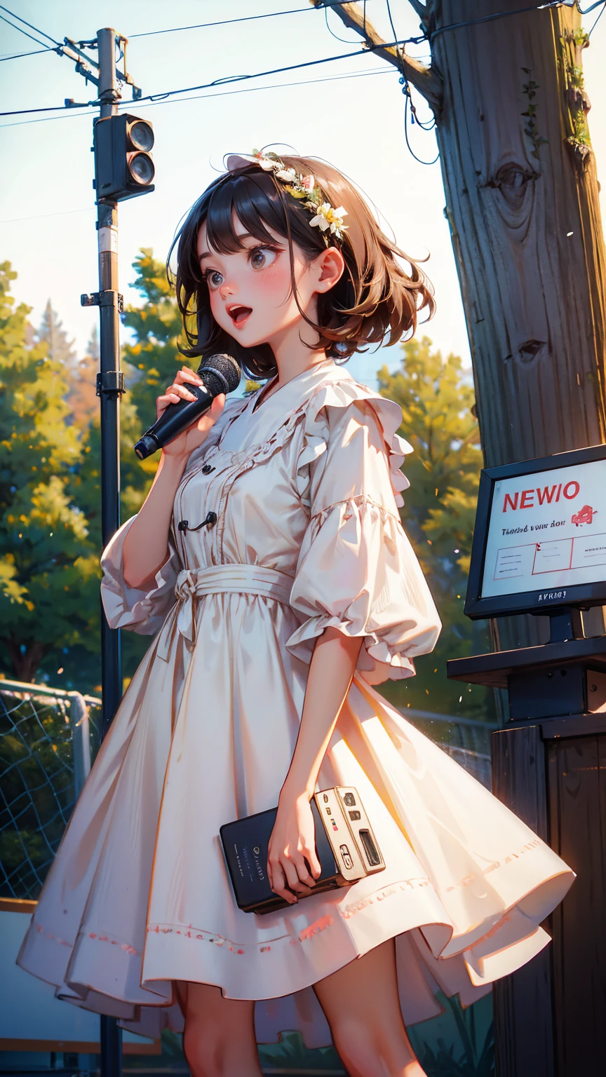 wooden dress cute girl, holding an audio mic and speaking into it with mouth wide open, "Announcement of Announcement" text board in front of it, trees in the background,