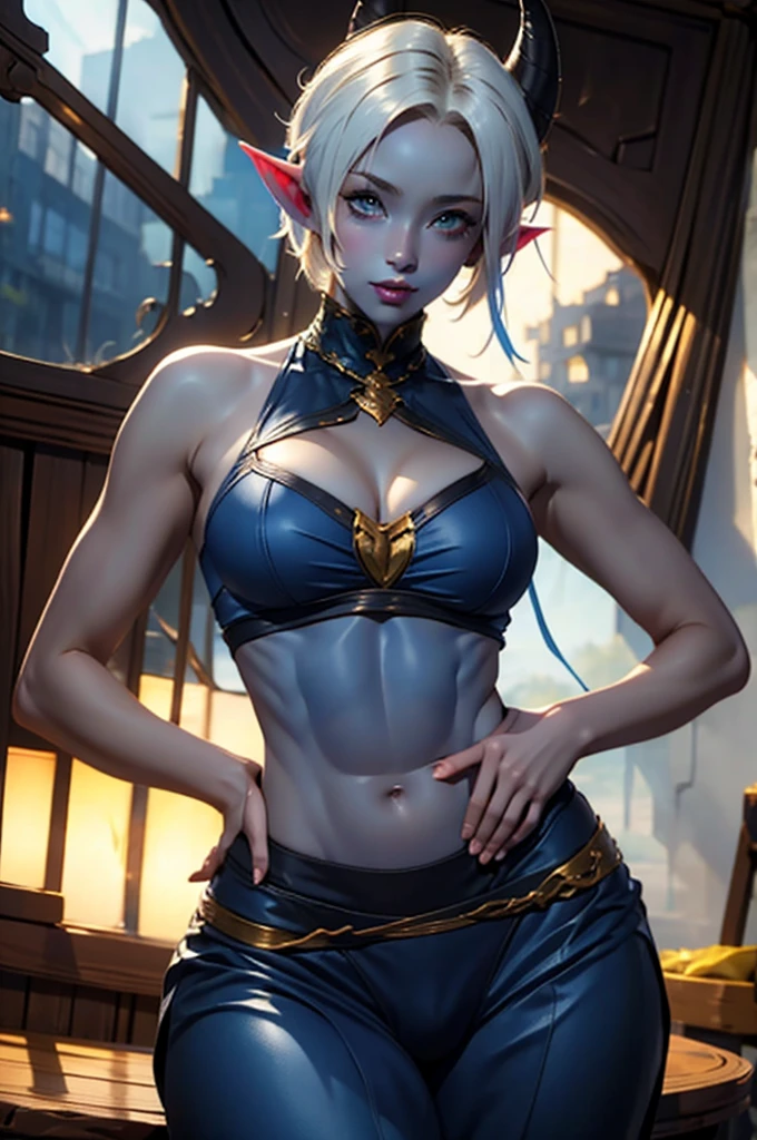 ((Masterpiece, Top Quality, Best Quality)) (full body portrait), ((high resolution)), 1woman, beautiful woman, toned female body, (white short hair, tiefling, blue skin, pointy ears, horns, bulge, yellow cat eyes,), a blue skinned tiefling woman standing in front of a window, she is wearing only pants and a tank top, ((sexy abs)), nsfw, 