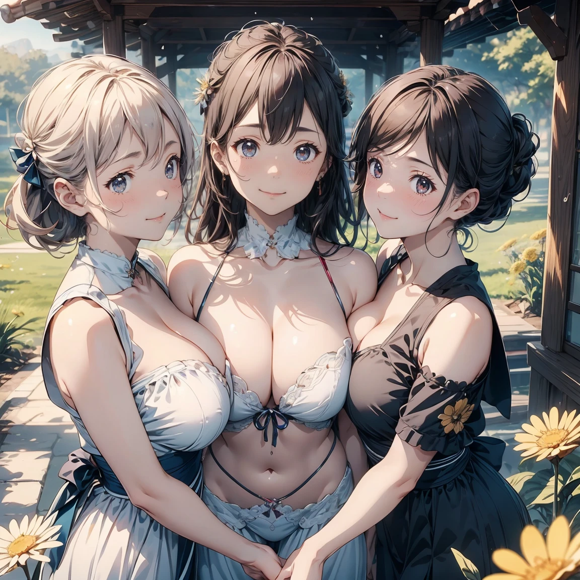 Highest quality, Super detailed, (Ultra-high resolution,8k), Ultra-high definition 4K, (Perfect Anatomy, Anatomically correct), (Three pure married shrine maidens), (A peaceful moment), (High-quality facial beauty), (In the dandelion fluff), (Photorealistic), (Detailed big breasts), Soft Skin, Glowing Skin, Bright lighting, 非常に激Shii雨, colorful, god々Shii, A sparkling smile