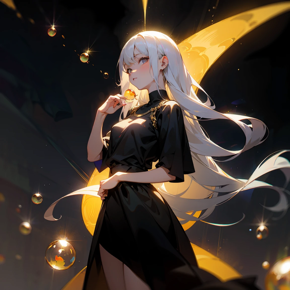 1 adult, masterpiece, best quality, woman, look at the viewer, ((she touching a bubble)), in the universe, with a black dress, golden details, ((looking pretty)), ((very confident)), white hair, silver eyes, long straight hair, many bubbles around, beautiful body, self-confident, powerful, epic, bubbles falling, medium plane, half body