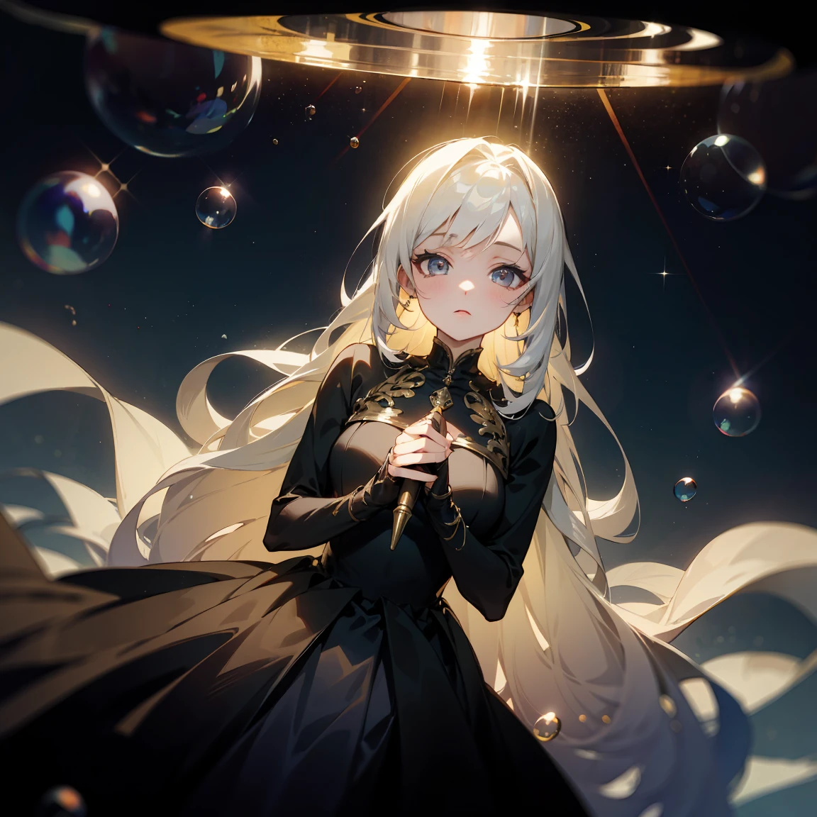 1 adult, masterpiece, best quality, woman, look at the viewer, ((she touching a bubble)), in the universe, with a black dress, golden details, ((looking pretty)), ((very confident)), white hair, silver eyes, long straight hair, many bubbles around, beautiful body, self-confident, powerful, epic, bubbles falling, conceptual art, goddess, divine light from heaven