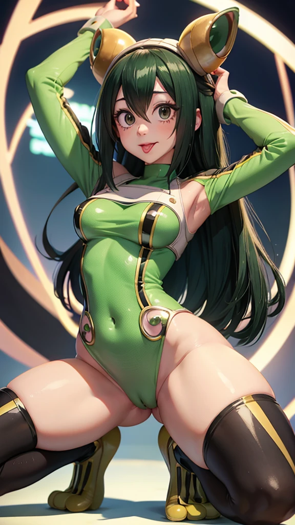 Tsuyu from boku no hero, showing armpits and pussy half naked, full body, showing tongue, long hair.