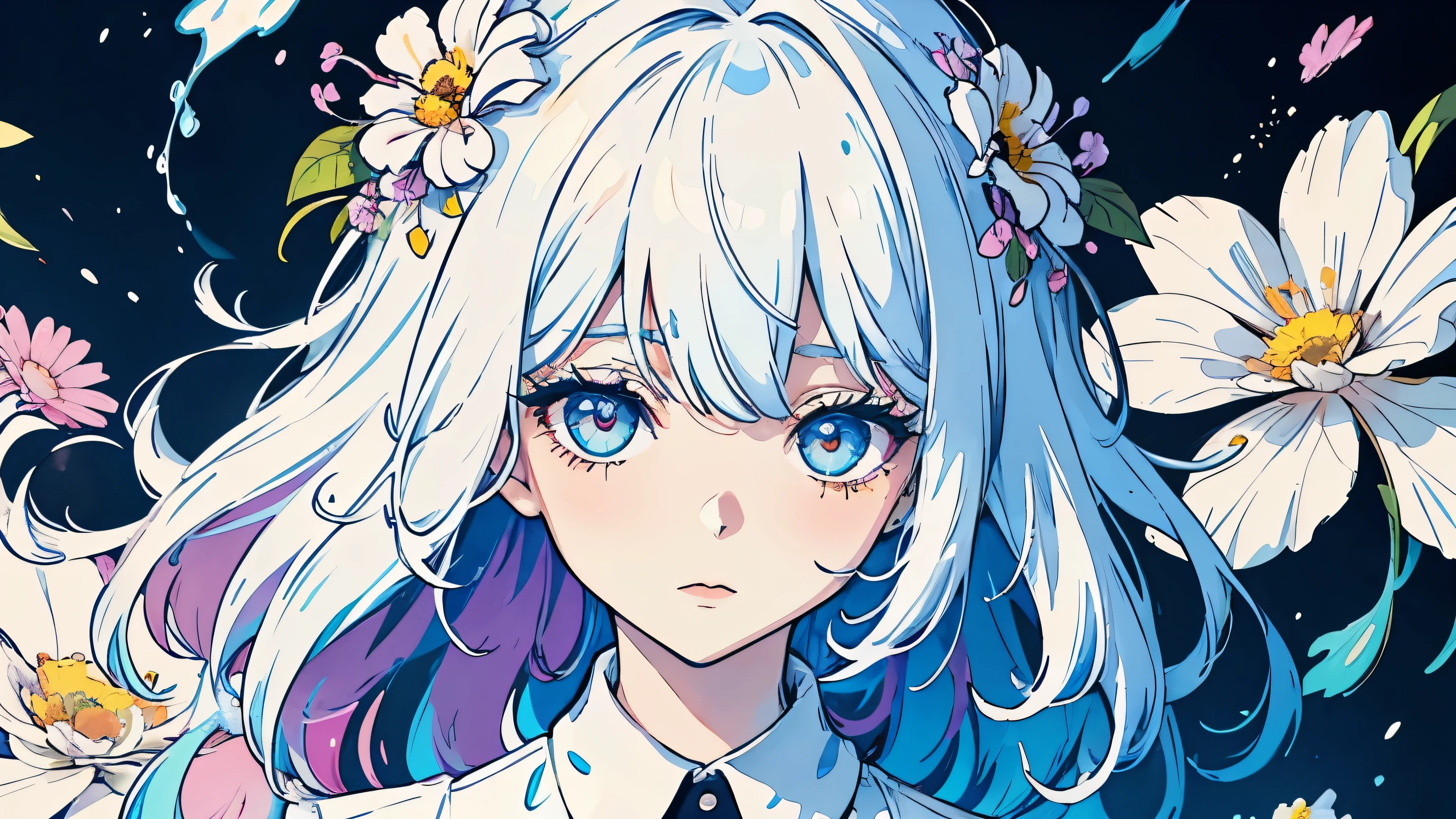 Lovely beautiful girl,1 girl,Wearing a platinum shirt,Half-body photo,Black clear eyes,Small face,Color Splash,Color Splash,Messy Lineouth closed,Long eyelashes,White shirt,Upper Body,Paint splashes,Acrylic paint,Rainbow Hair,Highest quality,In the background is a sky dotted with flowers.