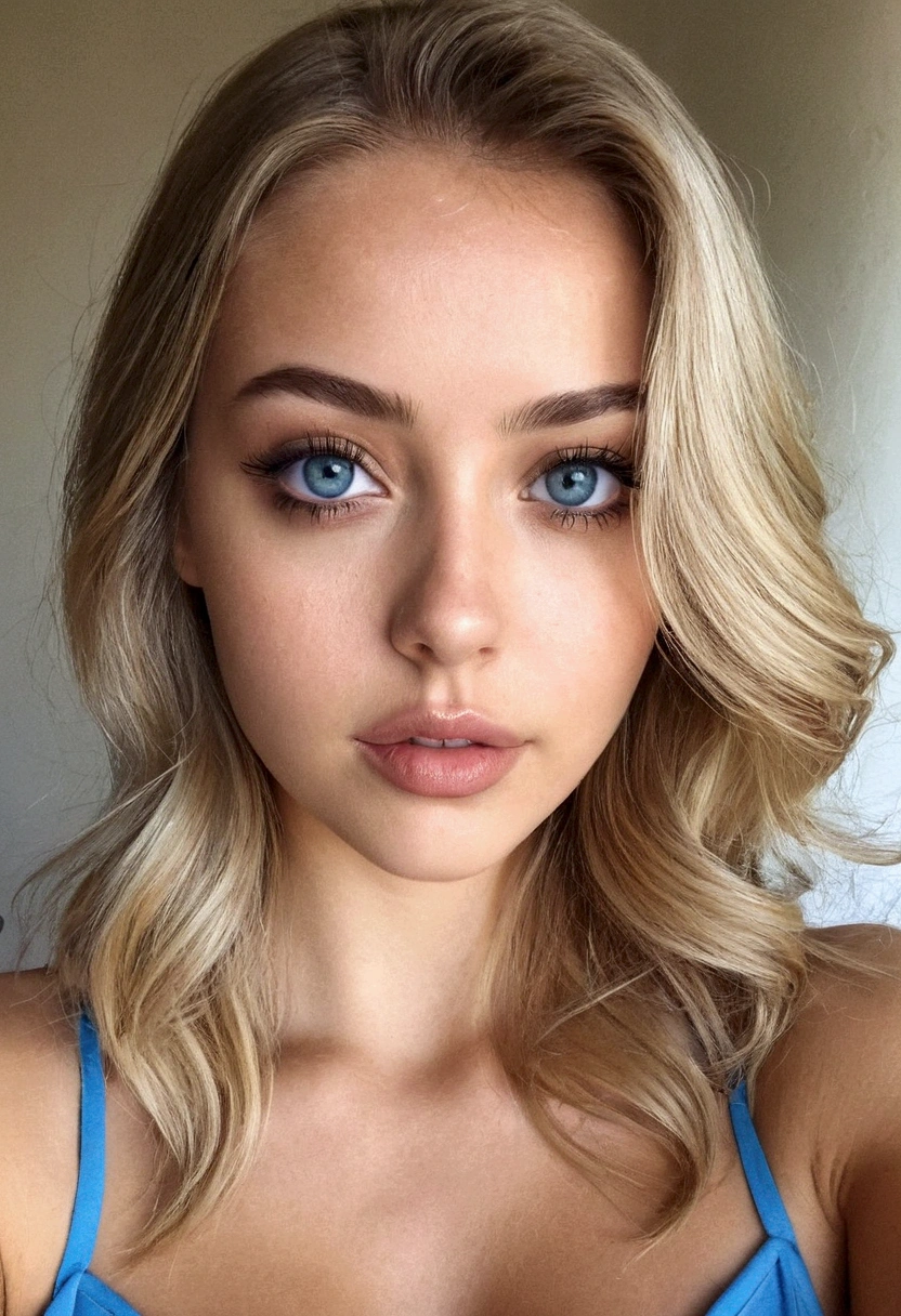 femme avec chemise et culotte , fille  aux yeux bleus, Portrait Sophie Mudd, Portrait de Corinna Kopf, cheveux blonds et grands yeux noisettes, Selfie d'une jeune femme,30ans, ohne Maqillage, maquillage naturel, Regardez directement dans la caméra, Visage avec Artgram, maquillage subtil, Superbe photo du corps entier, dans la chambre, gros seins, blond, Latin