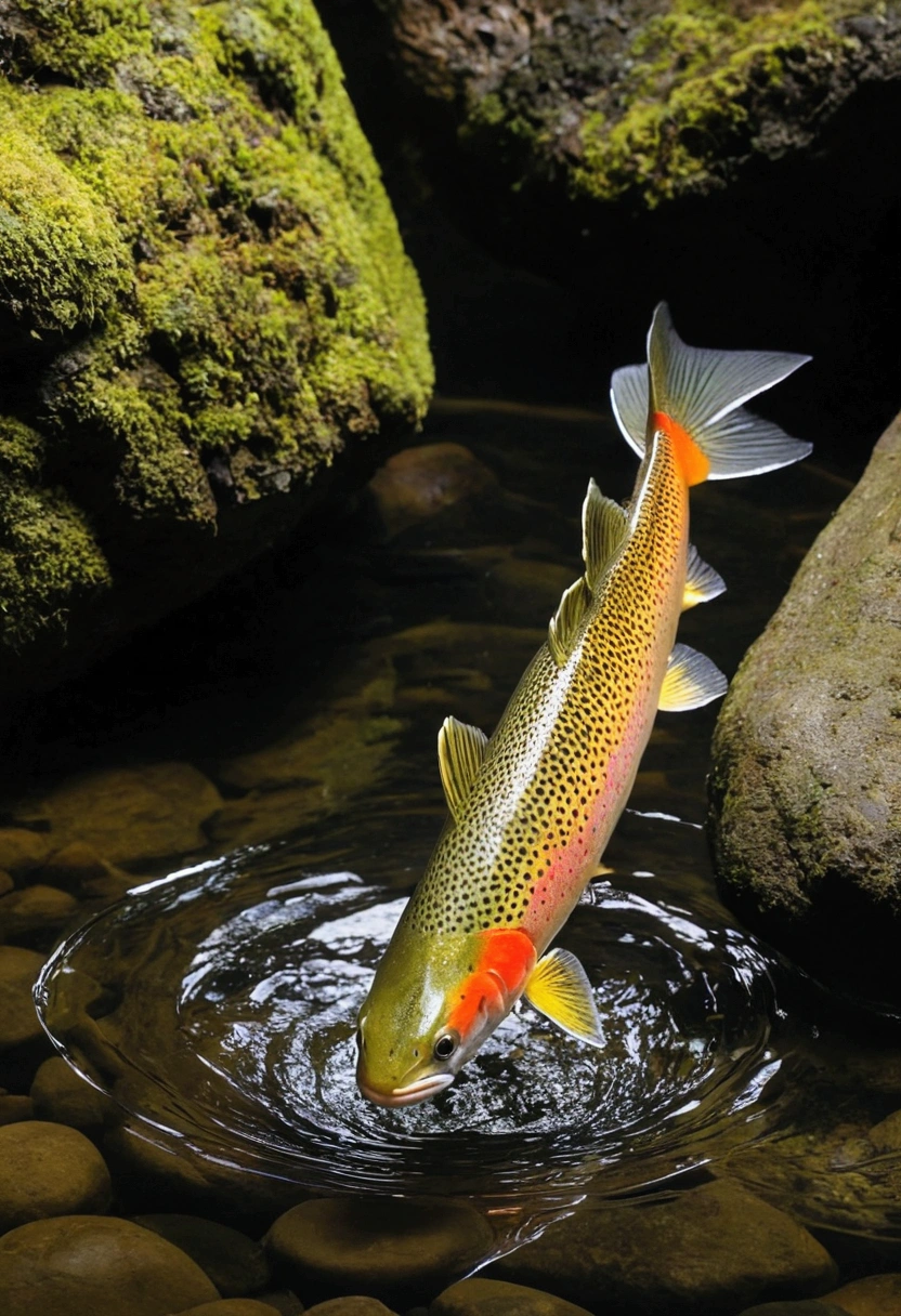 Oncorhynchus masou ishikawae, A juvenile Satsukimasu as trout with vivid parr marks, jumping out of a deep mountain stream.