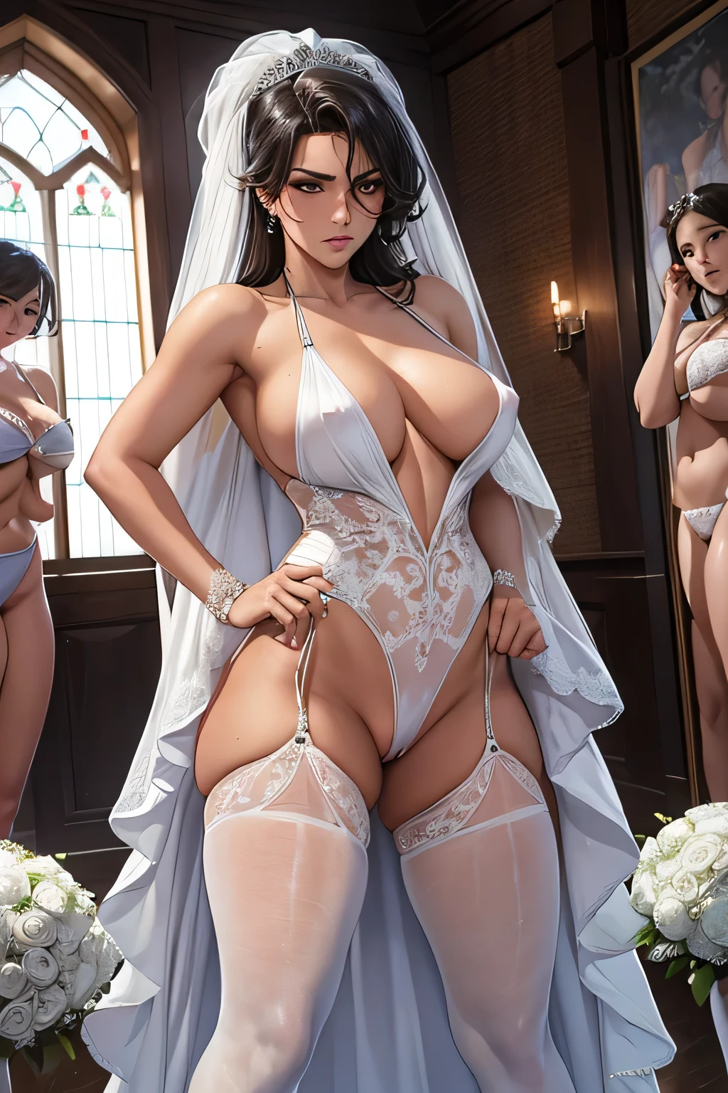 Ashamed and resentful expression. Pussy leaking, urination, wet crotch, nipple. (A female athlete, wearing a white silk wedding dress swimsuit, garter). Many onlookers gather watched.