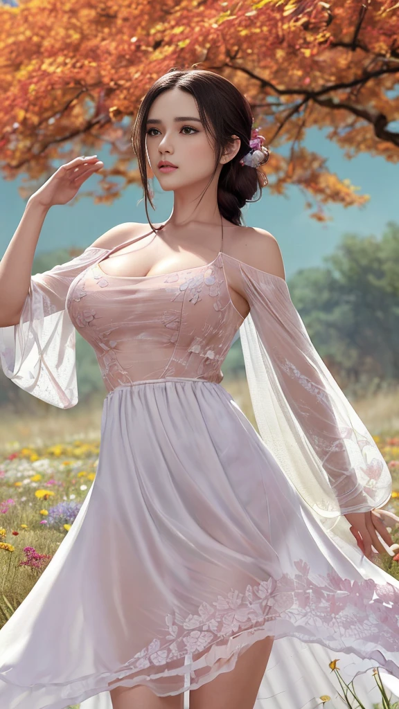 1girl,solo,(bright red lips,blush:0.8),huge breasts,(sagging breasts:1.2),braids,walking,pose,
(multicolored background,see-though high-waist lace chiffon dress with sleeves,plunging neckline,off shoulder:1.2),(dreamflower,multicolored_background,A melancholic autumn scene in a vast flower field,a gentle breeze rustling through the dry grass,fallen leaves scattered among the flowers,a bittersweet atmosphere,a moment of quiet contemplation,Soft and warm color palette,delicate brushwork,evocative use of light and shadow,subtle details in the wilting flowers,high contrast,color contrast),butterfly,
masterpiece,official art,best quality,high quality,highres,natural light,ray tracing,volumetric light,realistic,photorealistic,ultra highres,vivid,nostalgia,bokeh,