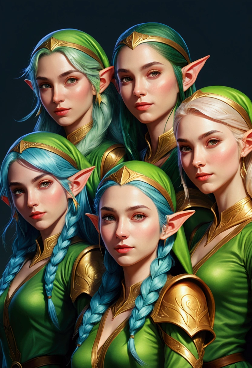 (((masterpiece))), Highest quality, Depicting a group of beautiful female elves、Highly detailed gouache style painting portrait, Smooth Shadows, Ultra-realistic textures, 8k, Highest quality, Characteristics of realistic manga, Stylized illustration, Smooth Shadows, Correct Anatomy, chromatic aberration, Neon Highlights, Global Warming Light, Dynamic pose, Expressive