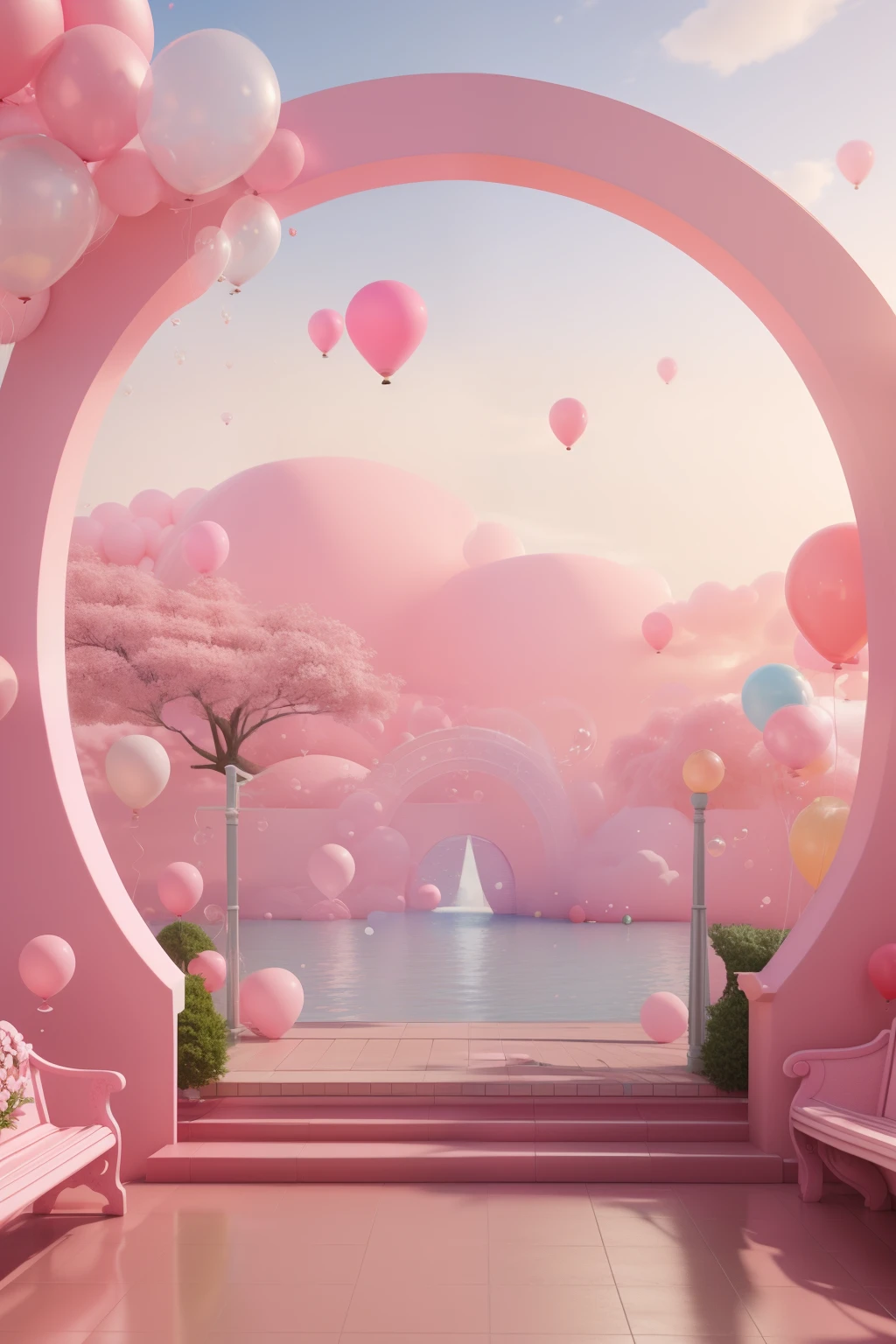 There is a pink and white arch，With balloons and benches, pink zen style, pink landscape, dreamy scenes, looking out at a pink ocean, 3 d render stylized, stylized 3d render, surreal 3 d render, bubbly scenery, surreal dream landscape, 3 d stylize scene, stylized as a 3d render, dreamy atmosphere and drama