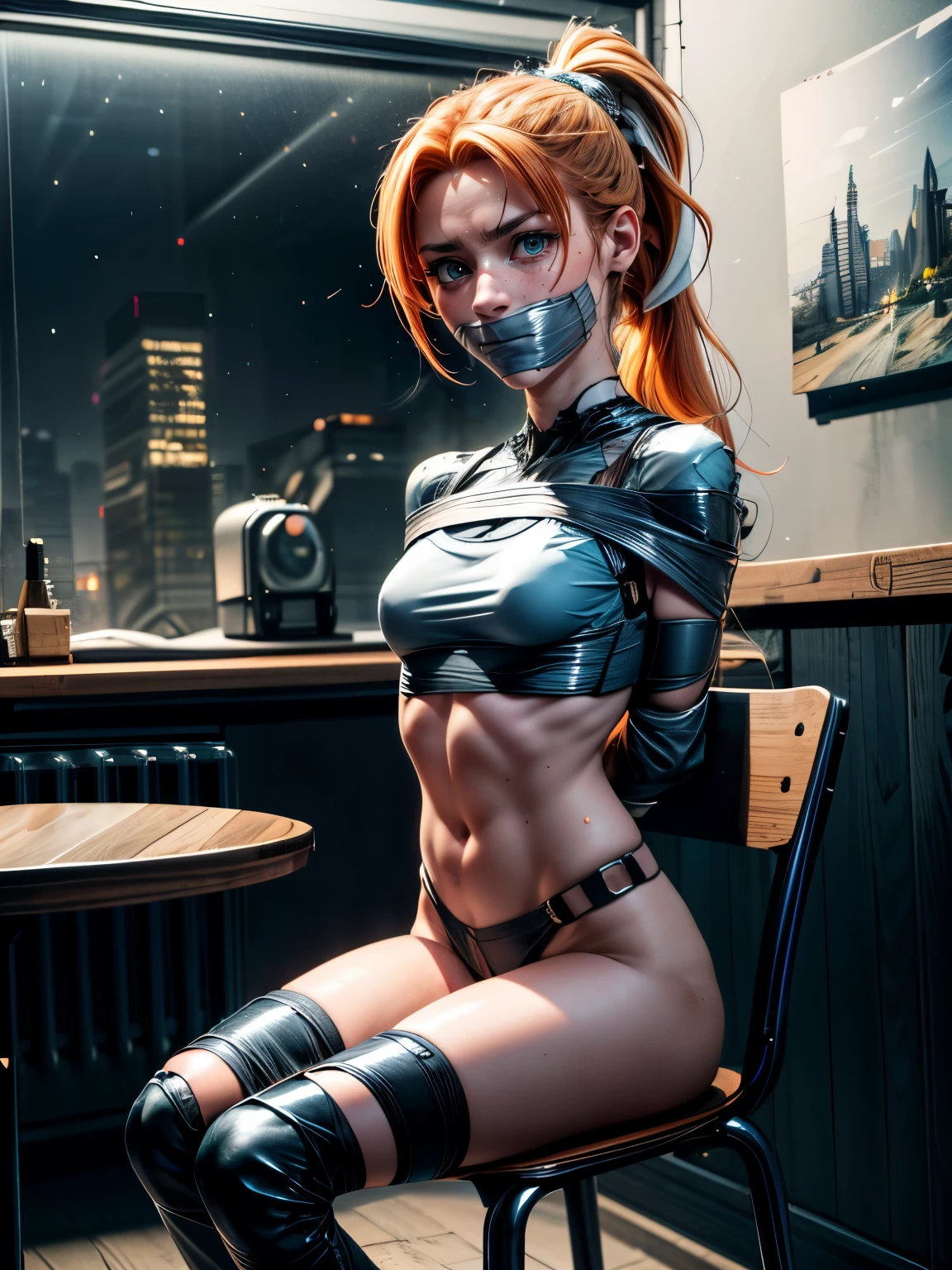 (whole body:1.5),octane rendering, 8K, best quality, masterpiece, backlit scene, time of day is midnight, illustration, extremely delicate and beautiful, detailed,extremely detailed,CG,Unite,wallpaper,Astonishing, fine details, realistic art: 1.2 ,masterpiece, best quality, official art, extremely detailed CG Unite 8K wallpaper,1 girl, , bound and gagged, sitting in a chair,, at night, skinny body, surprised facial expression,, wide open eyes, pale green eyes, orange hair, ponytail, pretty symetrical face, white skin, lots of freckles, pale complexion, thin waist, narrow hips, long legs, skinny body, small breasts, , Realistic photos, (hiqcgbody) ,perfect female figure