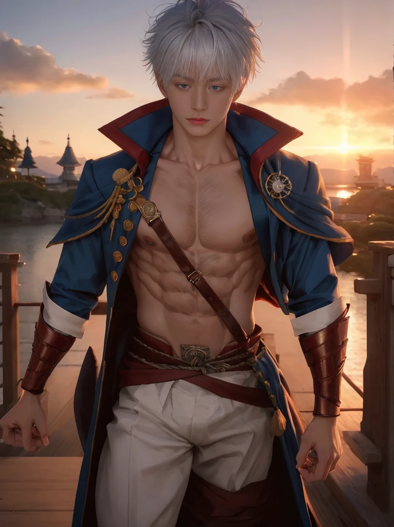 Japanese male model, Portrait, adult, handsome, perfect face detail, detailed eyes and face, clean shaved, sixpack realistic, white eyebrow hair, white eyelashes, dynamic lighting, unreal engine 5, hd picture, satoru gojo, white hair, short hair ,hair between eyes ,blue eyes, white skin, Pirate clothes, close eyes