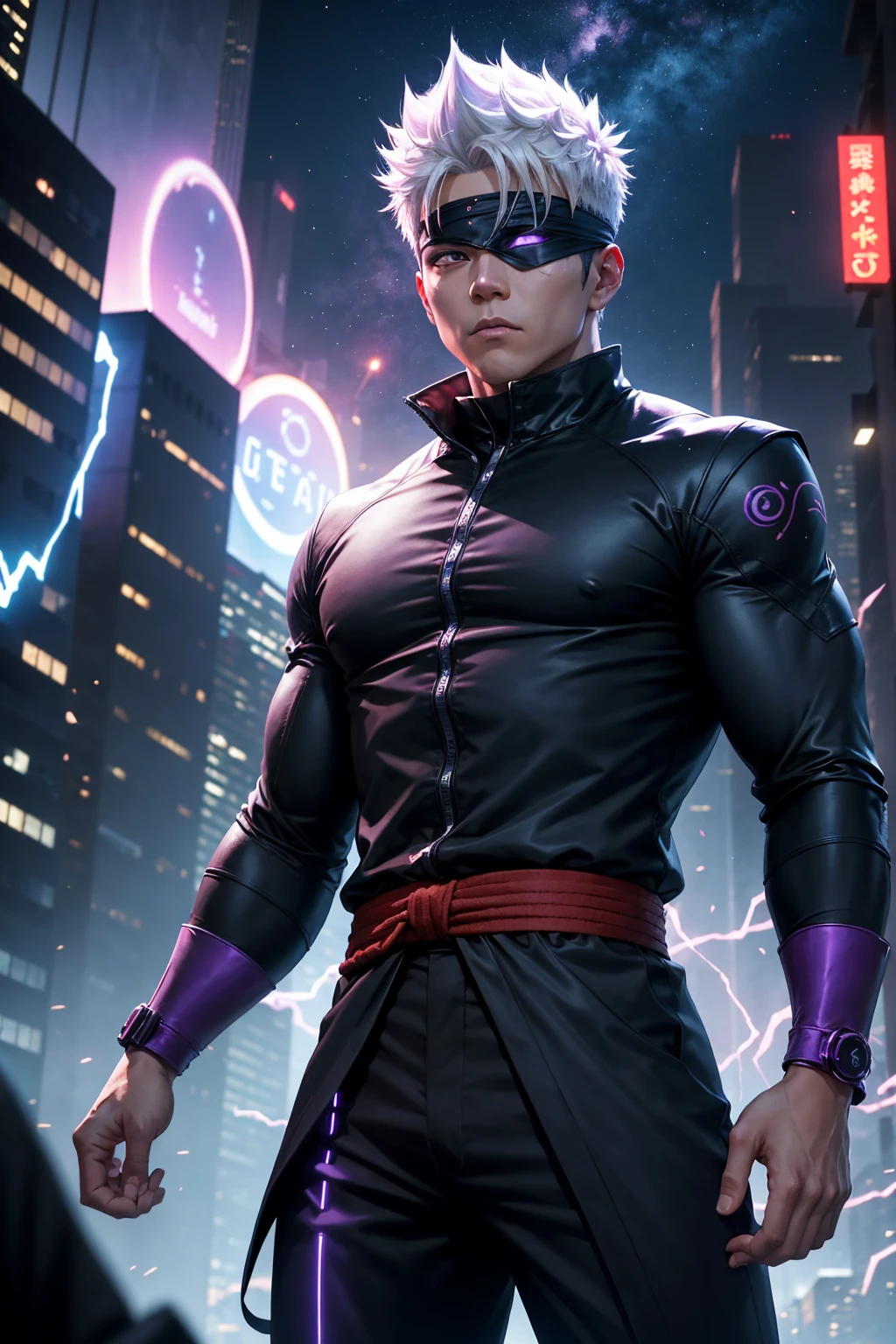 Generate an animated wallpaper featuring Gojo Satoru from Jujutsu Kaisen. The scene should depict Gojo in his confident stance, with his signature blindfold and white hair. Surround him with his powerful Infinity technique, creating a shimmering barrier of blue and purple energy. The background should be a dynamic urban setting at night, with buildings illuminated by neon lights. Include animations such as Gojo’s energy field pulsating, his hair subtly moving, and the city lights flickering. The overall mood should be intense and captivating, highlighting Gojo’s immense power and cool demeanor.