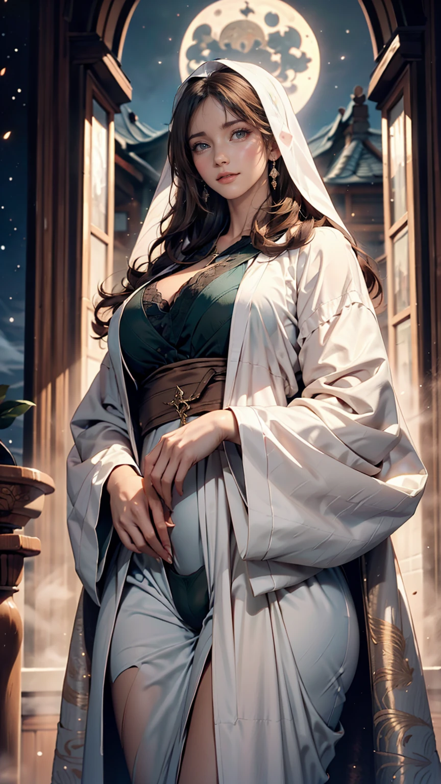 Mother of Jesus(Virgin Mary), Black hair and green eyes, light brown skin, Wearing a light blue robe, And a sky-blue veil, A calm expression that brings peace (whole body) Near the window, Illuminated by the moonlight (Magnificent and realistic)、Sexy proportions、Lift the hem of the sexy robe to reveal the crotch(Sexual exposure、pubic hair)、I don't wear pants