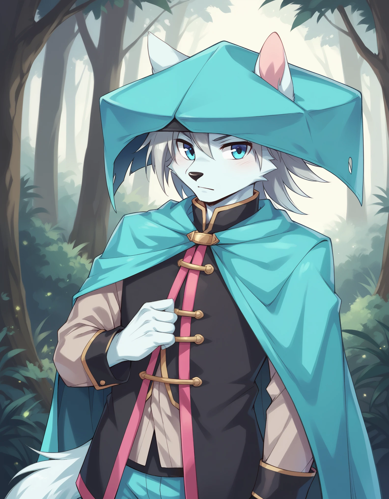 score_9, score_8_up, score_7_up, score_6_up, (du57aet, anthro, tail), ((male focus, 1boy, solo)), male, half-length portrait, blue eyes, hat, cape, vest,  forest background 