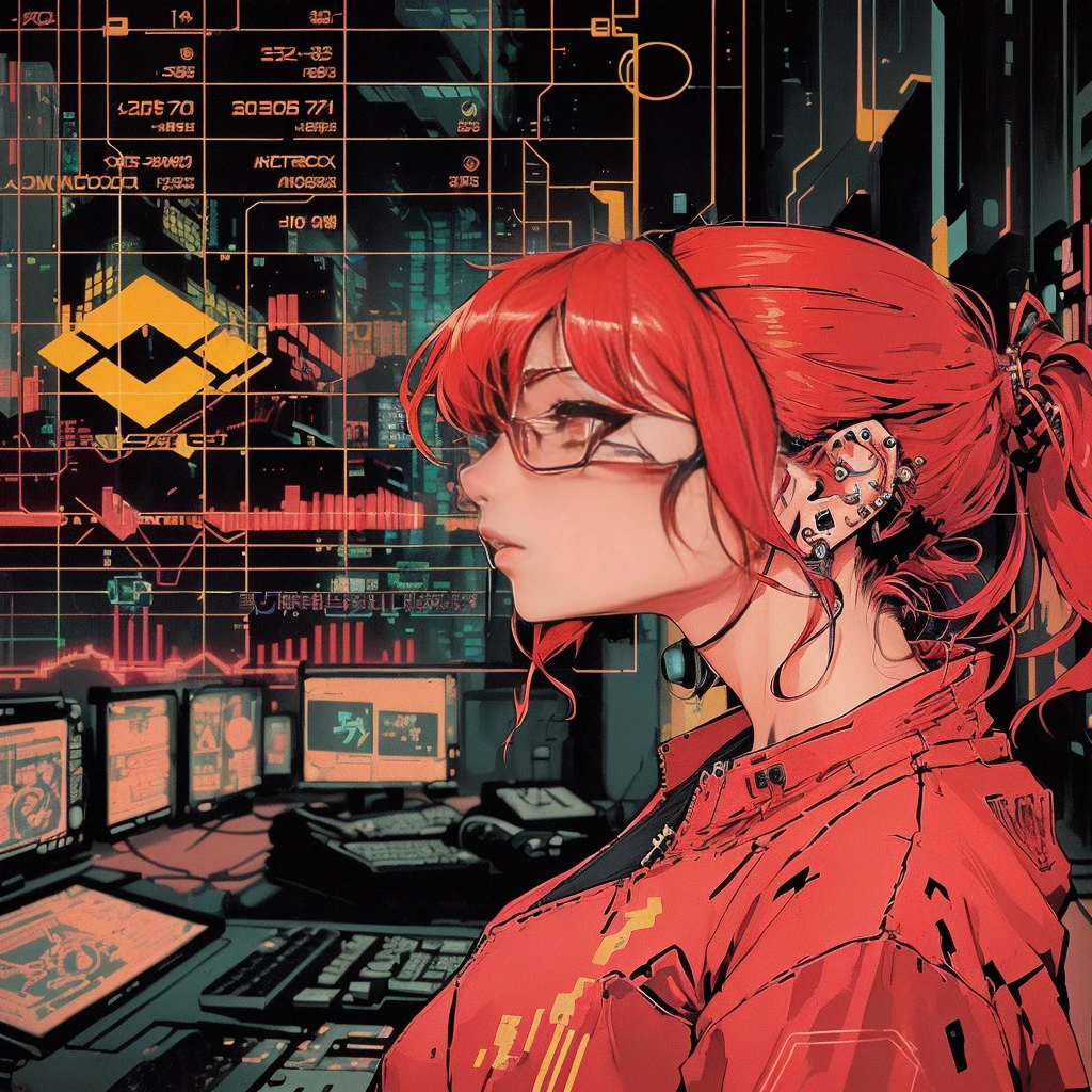 anime girl with red hair and piercings looking at a computer screen, cyberpunk anime art, modern cyberpunk anime, digital cyberpunk anime art, cyberpunk art style, laurie greasley, digital cyberpunk - anime art, in style of laurie greasley, laurie greasley and james jean, digital cyberpunk anime!!, detailed cyberpunk illustration, cyberpunk illustration, cyberpunk vibes