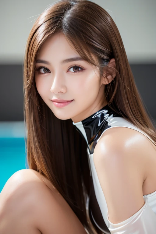 Latex bodysuit、Knee-high boots、Huge 、Long brown hair、Shiny, Oily skin、Glowing Skin、Indoor competition pool、White skin、Flying debris, Highest quality, Realistic, Very detailed, finely, High resolution, 8K デンデ wallpaper, One beautiful woman,, Light brown messy hair, Wear a business suit, Sharp focus, Perfect dynamic composition, Beautiful and detailed, Detailed Hair, Detailed Realistic skin texture, smile, Close-up portrait, Model body type
