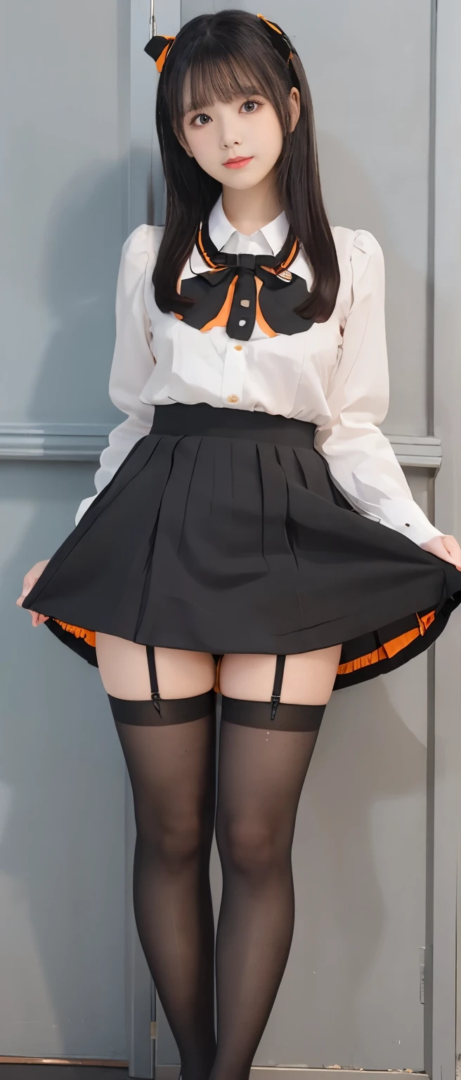 Gorgeous Idol、whole body、good style、、、、、black and orange shiny costume、colorful hair、mini skirt、Black Pantyhose、Black Loafers、skirt lift、No panties、Very large breasts