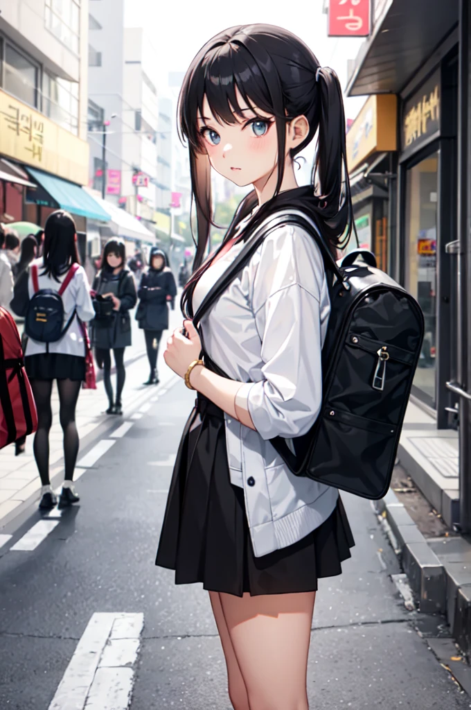 There is a girl standing on the sidewalk with a backpack on her back, young Asian Girl, 若くてpretty girl, Cute young girl, Korean Girls, Gold micro bikini, Girl Twin Tail Hair, Asian Girl, pretty girl, Very beautiful girl, Ulzzang, Beautiful girl, beautiful Asian Girl, Chinese Girl, Very cute and childish