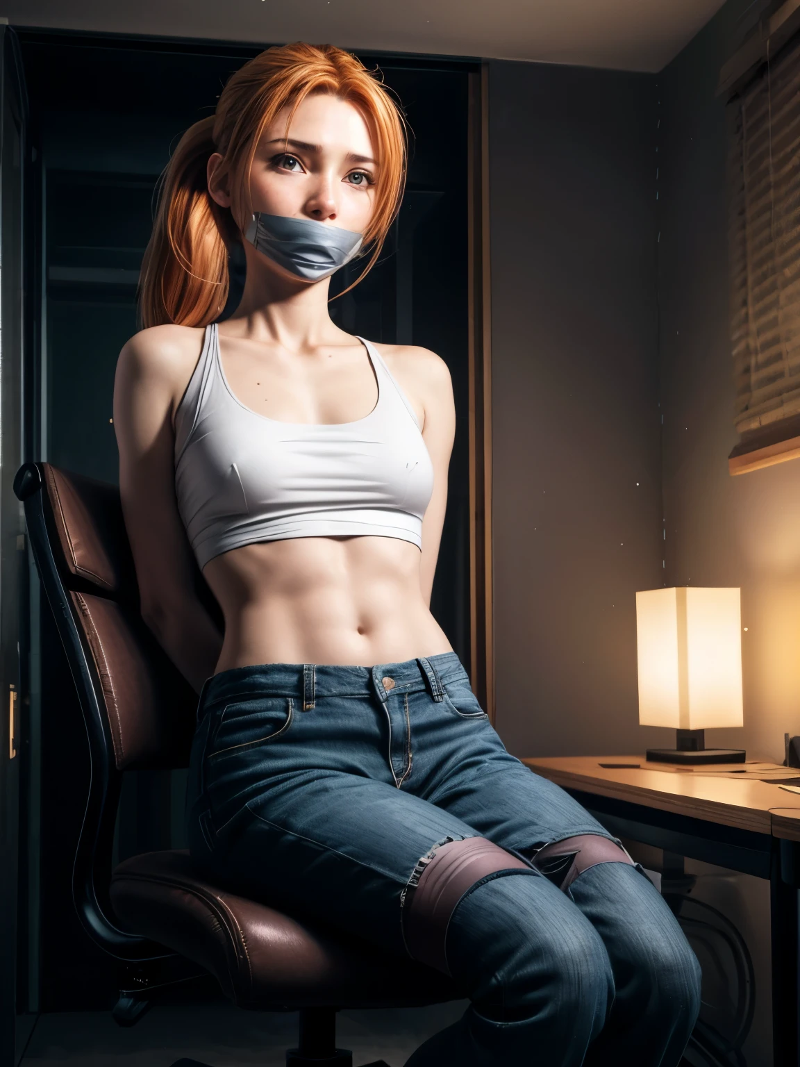 (whole body:1.5),octane rendering, 8K, best quality, masterpiece, backlit scene, time of day is midnight, illustration, extremely delicate and beautiful, detailed,extremely detailed,CG,Unite,wallpaper,Astonishing, fine details, realistic art: 1.2 ,masterpiece, best quality, official art, extremely detailed CG Unite 8K wallpaper,1 girl, , bound and gagged, sitting in a chair,, at night, skinny body, surprised facial expression,, wide open eyes, pale green eyes, orange hair, ponytail, pretty symetrical face, white skin, lots of freckles, pale complexion, thin waist, narrow hips, long legs, skinny body, small breasts, , Realistic photos, (hiqcgbody) ,perfect female figure