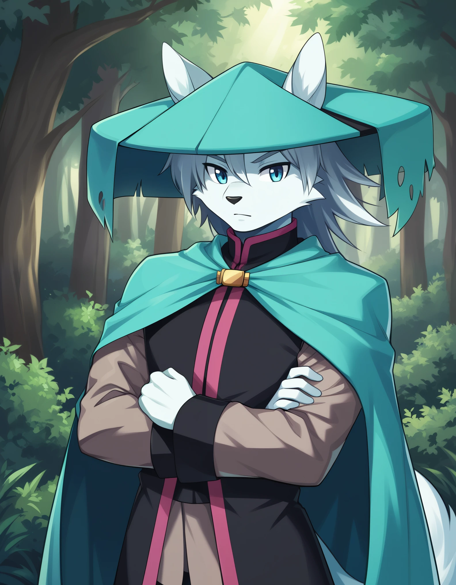 score_9, score_8_up, score_7_up, score_6_up, (du57aet, anthro, tail), ((male focus, 1boy, solo)), male, half-length portrait, blue eyes, hat, cape, vest,  forest background 