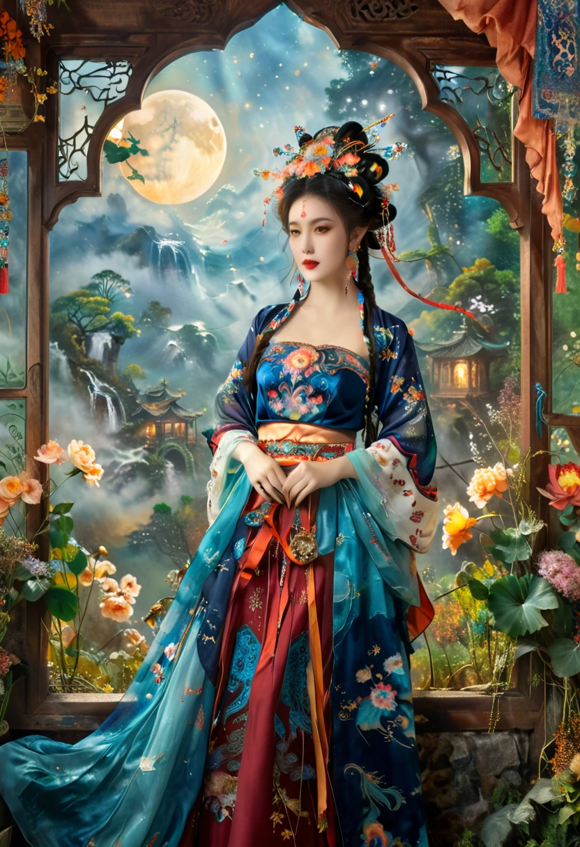 Gustave Moreau(Gustave Moreau),Thomas Kinkade(thomas kinkade),james gurney(James Gurney)HDR landscape photos taken,Carne Griffith,Paintings by Alberto Servizú,masterpiece,Realism,Dark,蓝tone,Surrealism,Starlight环,In the bright embrace of the moonlight serenade,1 Miao beauty,((独奏)),Wearing famous national costumes,Hmong clothing,Standing,模特Standing姿势,earrings,hat,belt,Real shot,Tall,Long hair shawl,braid,The decorative patterns on Miao robes are mostly geometric shapes.,Auspicious flowers and plants,snowflake,bats, etc,Various carved window frames,The window frames are engraved with wired grooves and various patterns,Clean background,Agate accessories,Fashion,Compared,tone,Texture,detail,Starlight,Colorful halo,Vibrant energy,Expressive,dramatic,organic lines and forms,dreamy and mysterious,Surrealism,Portrait Photography,complex,meticulous,sharp,Clarity,Better image quality,Rough brushstrokes,High Dynamic Range,vivid,detail丰富,阴影和高光Clarity,reality