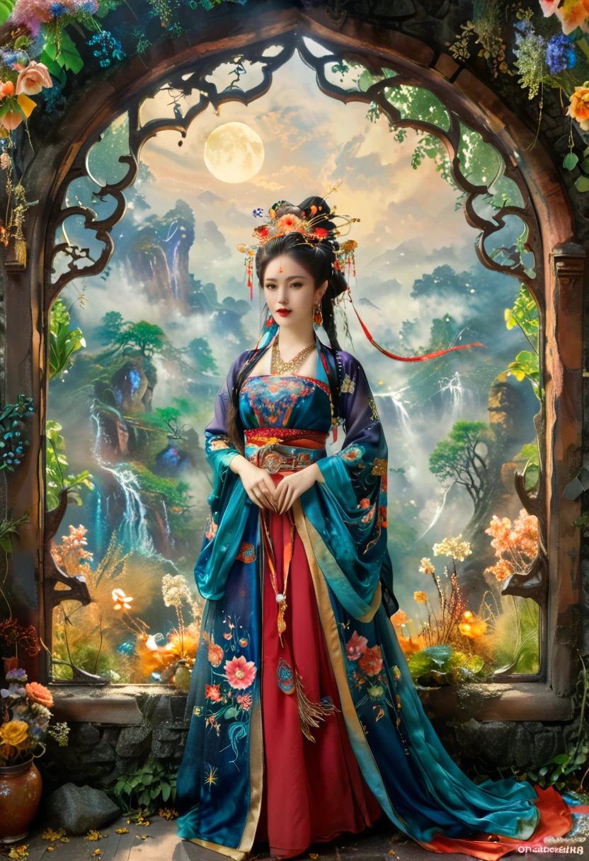 Gustave Moreau(Gustave Moreau),Thomas Kinkade(thomas kinkade),james gurney(James Gurney)HDR landscape photos taken,Carne Griffith,Paintings by Alberto Servizú,masterpiece,Realism,Dark,蓝tone,Surrealism,Starlight环,In the bright embrace of the moonlight serenade,1 Miao beauty,((独奏)),Wearing famous national costumes,Hmong clothing,Standing,模特Standing姿势,earrings,hat,belt,Real shot,Tall,Long hair shawl,braid,The decorative patterns on Miao robes are mostly geometric shapes.,Auspicious flowers and plants,snowflake,bats, etc,Various carved window frames,The window frames are engraved with wired grooves and various patterns,Clean background,Agate accessories,Fashion,Compared,tone,Texture,detail,Starlight,Colorful halo,Vibrant energy,Expressive,dramatic,organic lines and forms,dreamy and mysterious,Surrealism,Portrait Photography,complex,meticulous,sharp,Clarity,Better image quality,Rough brushstrokes,High Dynamic Range,vivid,detail丰富,阴影和高光Clarity,reality