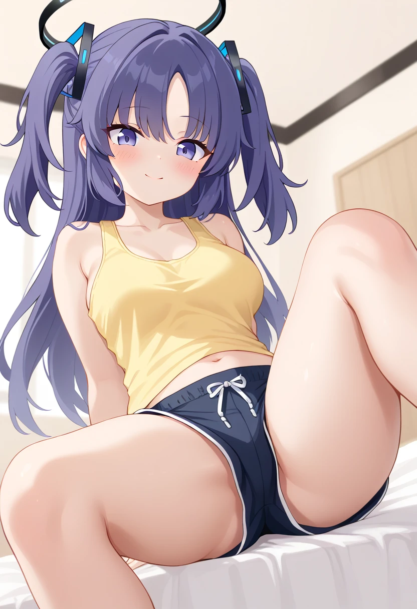 score_9, 1girl, solo, yuuka \(blue archive\), blue archive, halo, purple eyes, purple hair, long hair, two side up, thick thighs, medium breasts, collarbone, tank top, yellow tank top, sleeveless, bare shoulders, bare arms, shorts, short shorts, dolphin shorts, bare legs, sitting, looking at viewer, from below, looking down, blush, light smile, closed mouth, indoors, bedroom, bed, on bed, ceiling light 