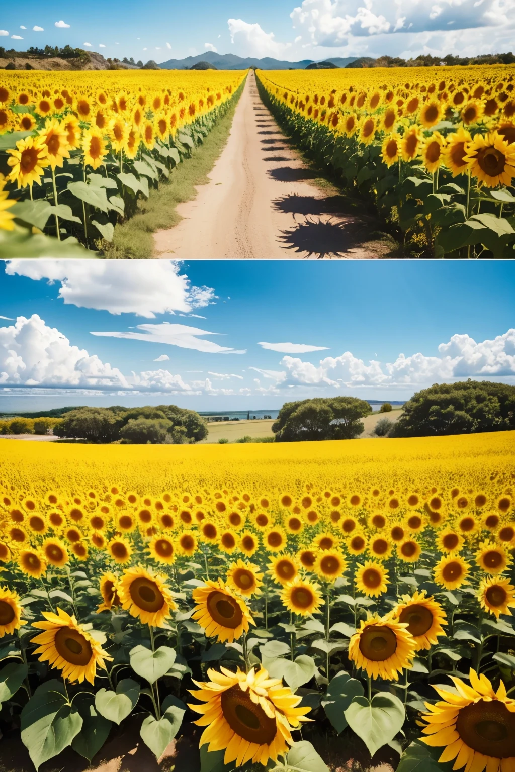 "Create an image of a vast field of golden sunflowers under a bright blue sky. No centro do campo, there is a path of rustic stones forming a gap that stretches towards the horizon, creating a charming contrast with the surrounding sea of yellow flowers."