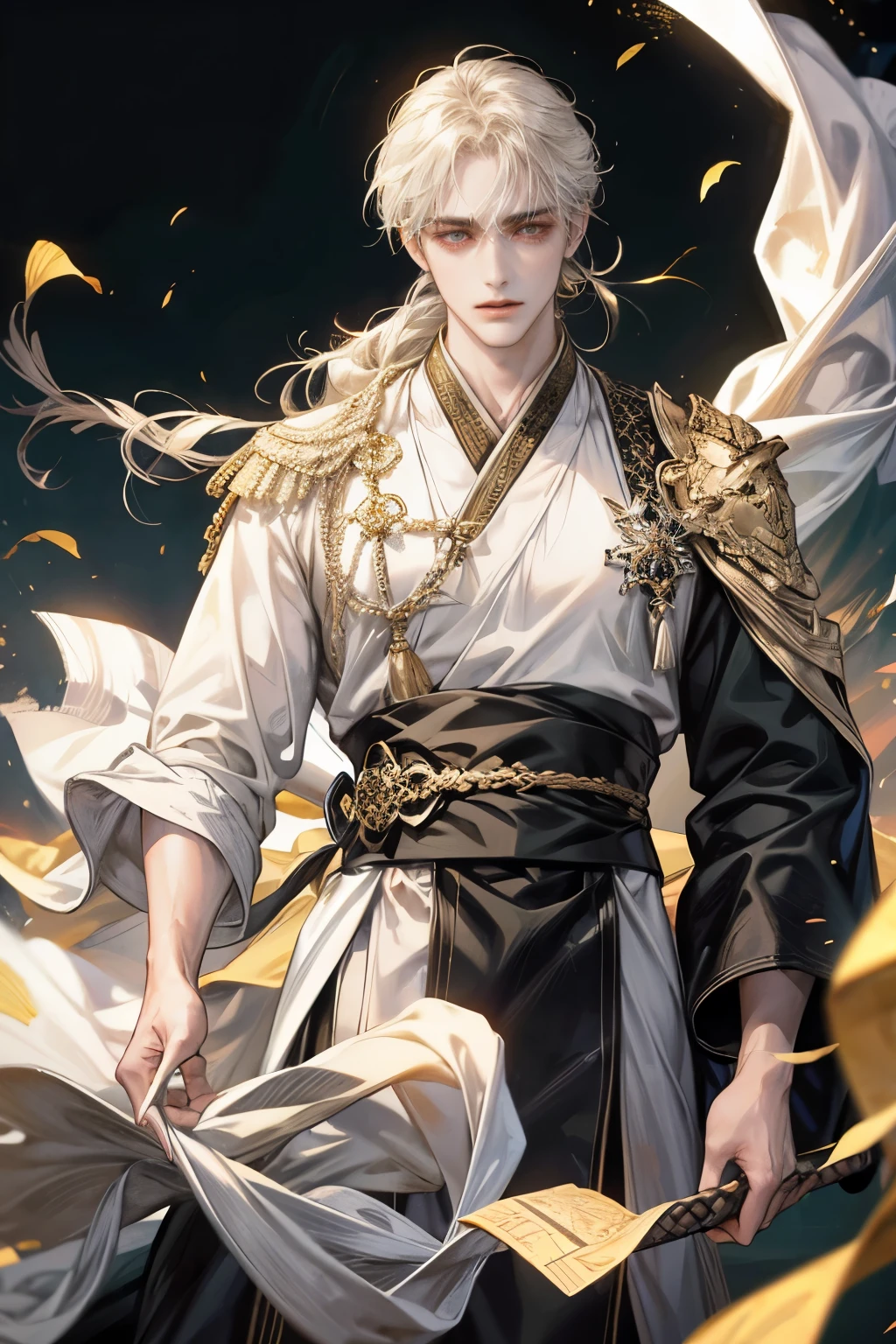 a handsome man floating in the sky, black long hair blowing in the wind, half of hair tied with white long fabric thread, cardamom hair mask, black and long Hanfu cloths, black and gold is the main colors of cloths, cloths covered, both hands have long swords, fighting, movement, hard wind, cloths blowing by the wind, aura, god light shine from behind, natural background, colorful shade, hi-quality, masterpiece