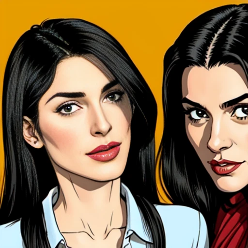 lesbian women, 30 years, One, long straight black hair, clap,I'm looking at the viewer, detailed eyes, shy smile,Jewelry, medium breast, earrings,belt, blue leather jacket over a tight red t-shirt,mini skirt,sheer white tights,NECKLACE, bracelet, lips,((Dynamic angle)),