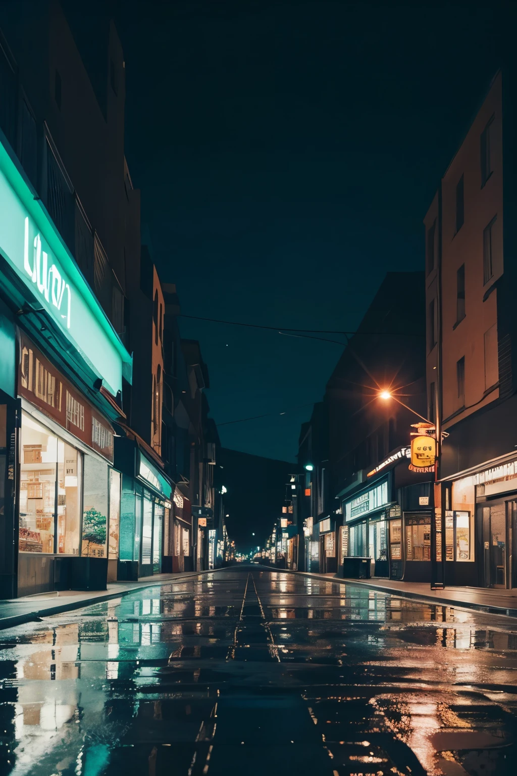 Generate an eye-level perspective of a deserted shopping street at night. The scene should capture the quiet, lonely atmosphere with darkened storefronts and dim streetlights casting long shadows. The shop signs are unlit, and the windows are dark, indicating the businesses are closed. The street is empty, with no people or vehicles present, emphasizing the sense of isolation and solitude. The reflections from the few remaining lights on the wet pavement add a touch of melancholy to the scene.
