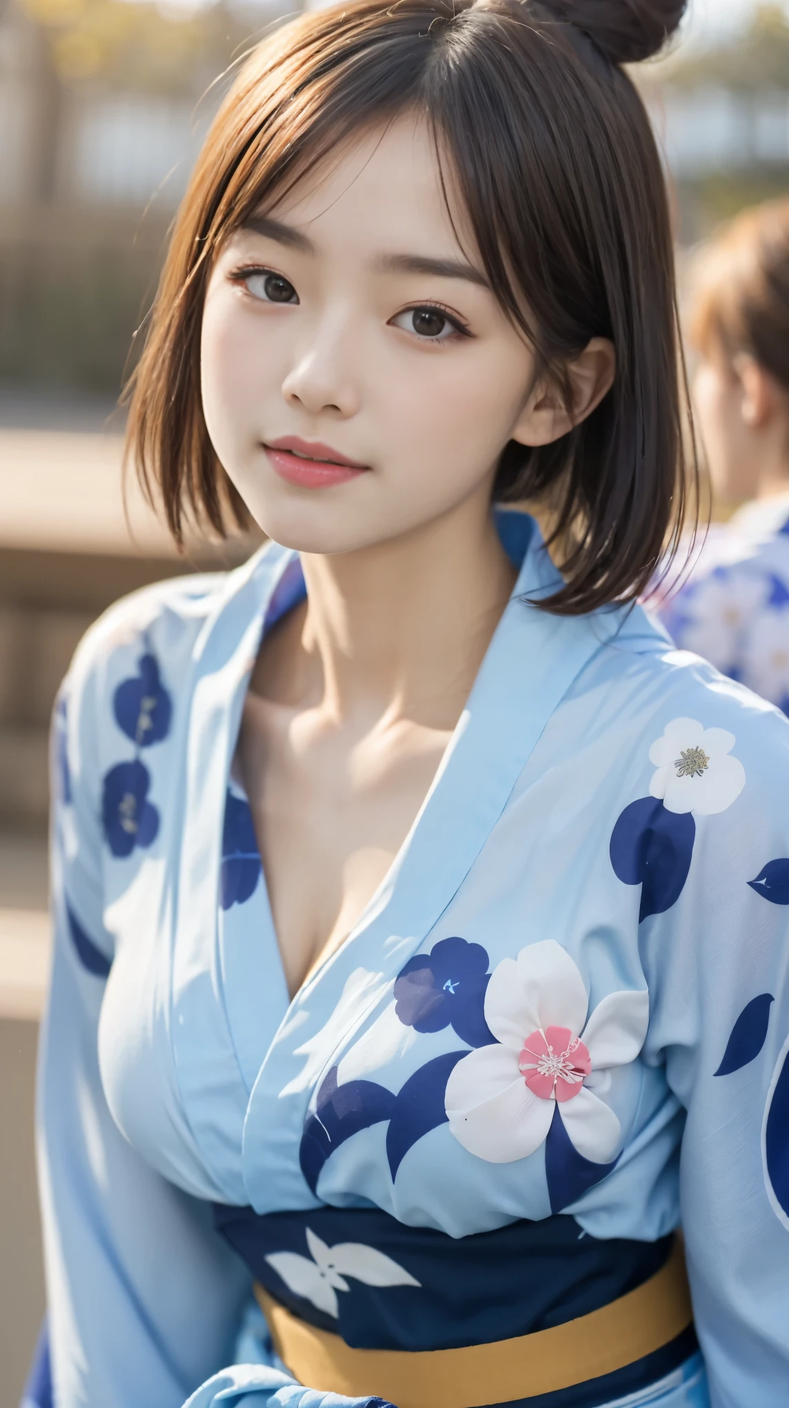 (8k、RAWphotograph、Highest quality、masterpiece:1.2),(Long Bob Cut),Looking at the audience,Viewed from the front,Sexy pose, strong,erotic,student,White skin,knees,Absurd,Small face,前hairを真ん中から分けます、The forehead is visible,(Be embarrassed,Squint your eyes,Glare,strong,skinny,skinny,Irritated)、masterpiece,Highest quality、Ultra-high resolution,One person, One personで,Close-up shot、cute、Return to student,(A clean blue-based floral yukata:1.5),high school girl,Japanese women,Are standing,(Photorealistic:1.37)、Photon Mapping,Realistic、cuteSmall face,Brown eyes、prospect、Written boundary depth、Blurred Background、photograph,girl、(前hairが見える), hair, kneesが見える,Light clothing,, thigh,Nogizaka Idol, actress、Big and ample breasts、Cleavage、Super Fine、Low people、(Skin with visible pores:1.2)、(Focus on the face)、Check and correct the garment construction