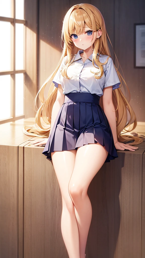 araffed woman in a short skirt and a white shirt, perfect android girl, hyperrealistic schoolgirl, a hyperrealistic schoolgirl, japanese goddess, korean girl, blonde goddess, realistic schoolgirl, japanese model, seductive anime girl, with long blond hair, really large bust, hyperrealistic full figure, trending at cgstation, anime girl cosplay, beautiful blonde girl --auto --s2