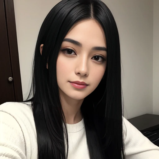 lesbian women, 30 years, One, long straight black hair, clap,I&#39;m looking at the viewer, detailed eyes, shy smile,Jewelry, medium breast, earrings,belt, blue leather jacket over a tight red t-shirt,mini skirt,sheer white tights,NECKLACE, bracelet, lips,((Dynamic angle)),