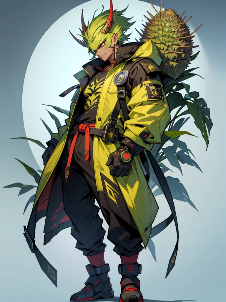 ((top-quality))、((tmasterpiece))、((Full body photo of a no specific gender character))、((very simple background))、(Game character design)、Durian anthropomorphic monster、human face design,(Durian and body fusion design,Durian decoration)、Cartoony、Beastman、Ornaments with durian motifs、cyber punk perssonage、Are、solo、Fighting posture, normal human hair, female monster character