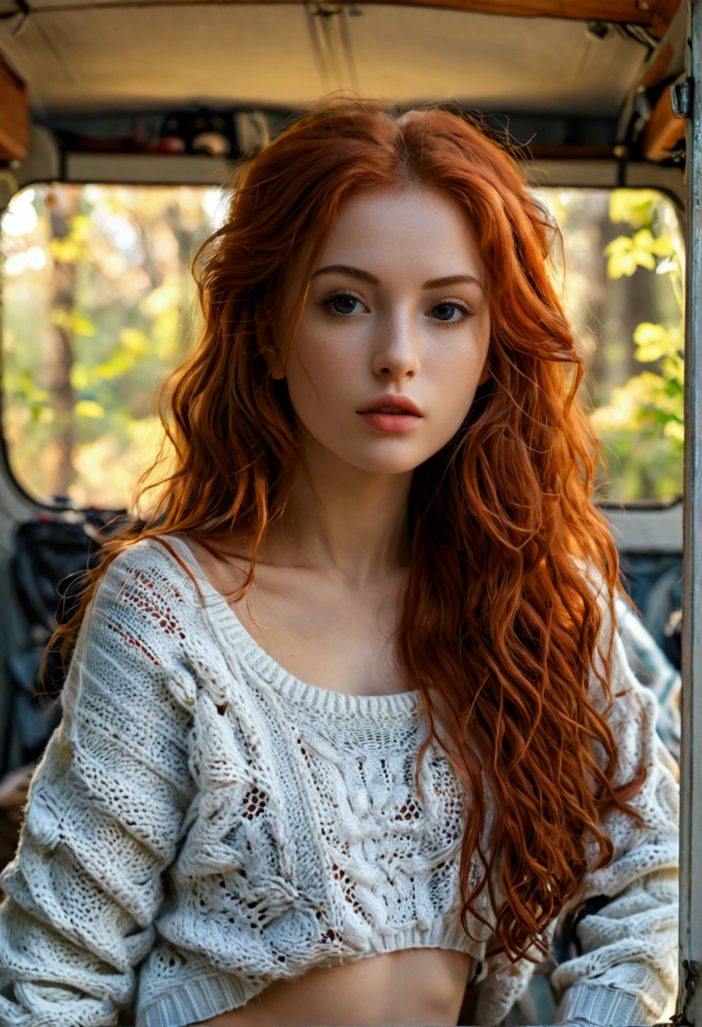(full body shot:1.1) photorealistic image of a (leaning pose:1.1) woman, ultra realistic, photography, long red hair, girl, 24 years old, hourglass figure, perfect body, Flirty look, natural medium breasts, blur background, posing with a belly-free sweater, leaning on a caravan parked in the woods, she wears sneakers