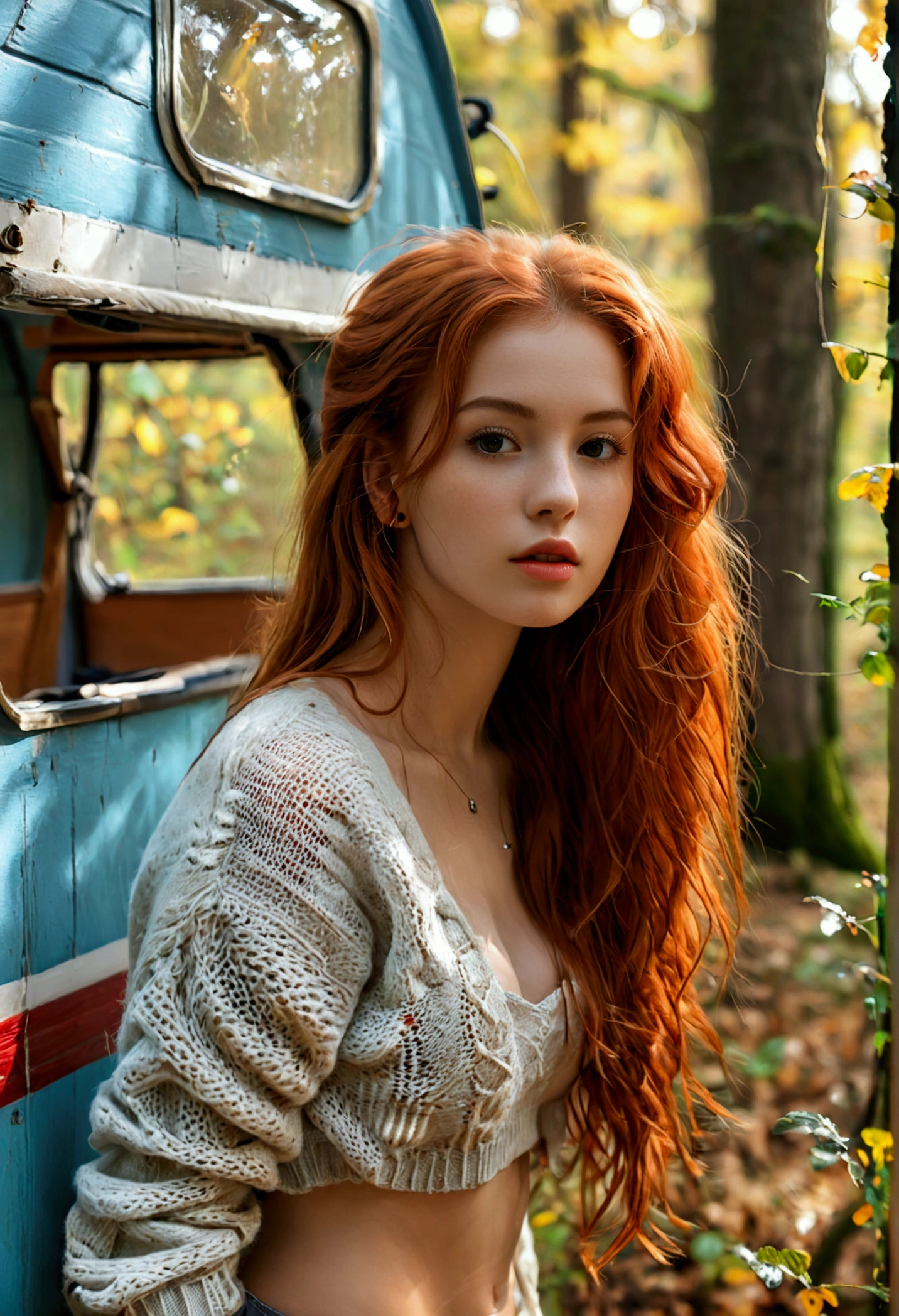 (full body shot:1.1) photorealistic image of a (leaning pose:1.1) woman, ultra realistic, photography, long red hair, girl, 24 years old, hourglass figure, perfect body, Flirty look, natural medium breasts, blur background, posing with a belly-free sweater, leaning on a caravan parked in the woods, she wears sneakers